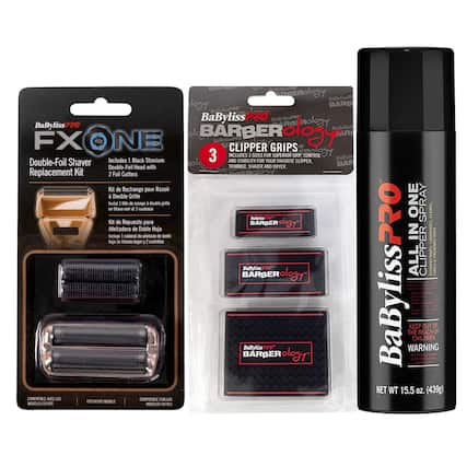 BaByliss PRO FX ONE Double-Foil Shaver Replacement Kit
Includes 1 Black Titanium Double-Foil Head with 2 Foil Cutters
Kit de Rechange pour Rasoir à Double Grille
Incluye 1 cabezal de afeitado de doble hoja de titanio negro y 2 cuchillas
Kit de Repuesto para Afeitadora de Doble Hoja
BaByliss PRO BARBERology CLIPPER GRIPS
Includes 3 Sizes for Superior Grip, Control, and Comfort
Compatible with All Clippers, Trimmers, and Shavers
COMPATIBLE AVEC LES MODÈLES FX79FS
FITS FX79FS MODELS
COMPATIBLE CON LOS MODELOS FX79FS
BaByliss PRO FX ONE SPRAY
All Clipper, Trimmer, and Shaver Cleaner
KEEP OUT OF THE REACH OF CHILDREN
WARNING
NET WT 15.5 oz. (439g)