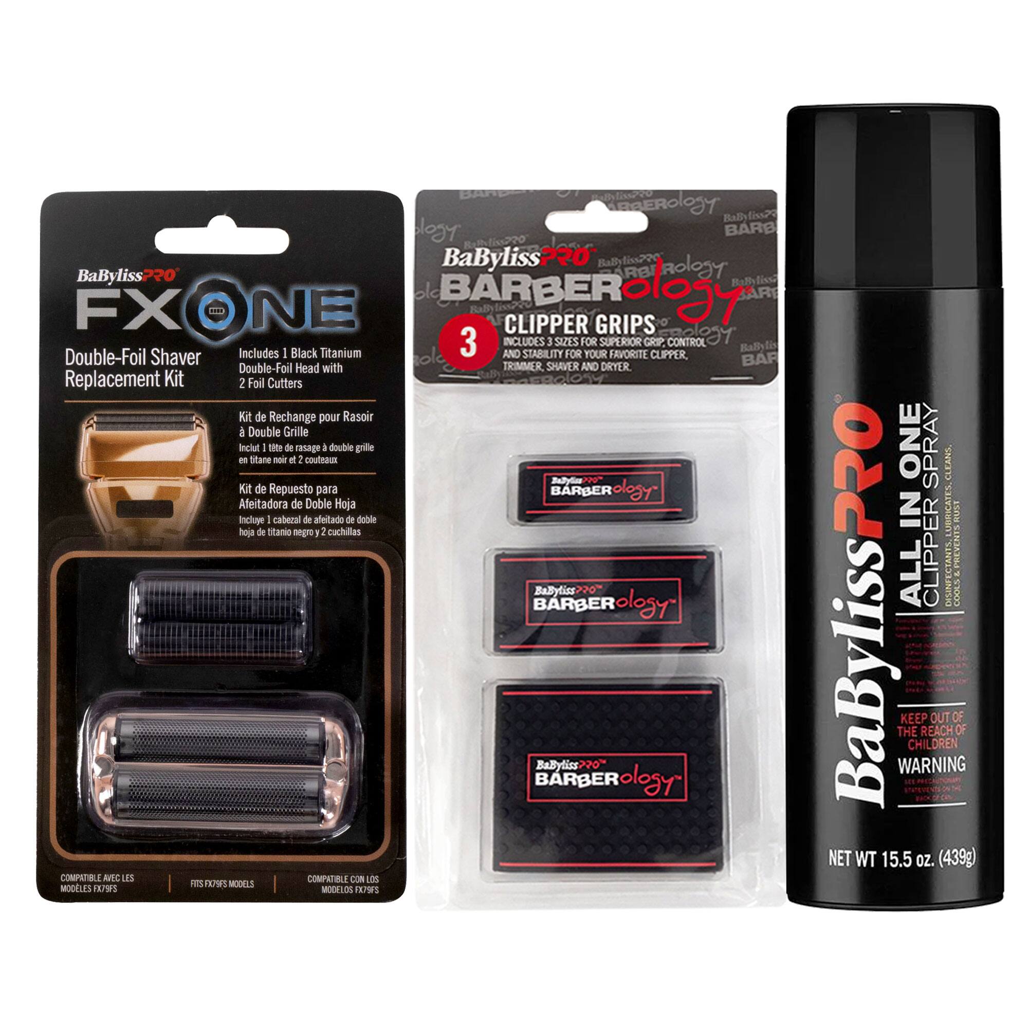 BaByliss PRO FX ONE Double-Foil Shaver Replacement Kit  
Includes 1 Black Titanium Double-Foil Head with 2 Foil Cutters  
Kit de Rechange pour Rasoir à Double Grille  
Incluye 1 cabezal de afeitado de doble hoja de titanio negro y 2 cuchillas  
Kit de Repuesto para Afeitadora de Doble Hoja  

BaByliss PRO BARBERology CLIPPER GRIPS  
Includes 3 Sizes for Superior Grip, Control, and Comfort  
Compatible with All Clippers, Trimmers, and Shavers  
COMPATIBLE AVEC LES MODÈLES FX79FS  
FITS FX79FS MODELS  
COMPATIBLE CON LOS MODELOS FX79FS  

BaByliss PRO FX ONE SPRAY  
All Clipper, Trimmer, and Shaver Cleaner  
KEEP OUT OF THE REACH OF CHILDREN  
WARNING  
NET WT 15.5 oz. (439g)