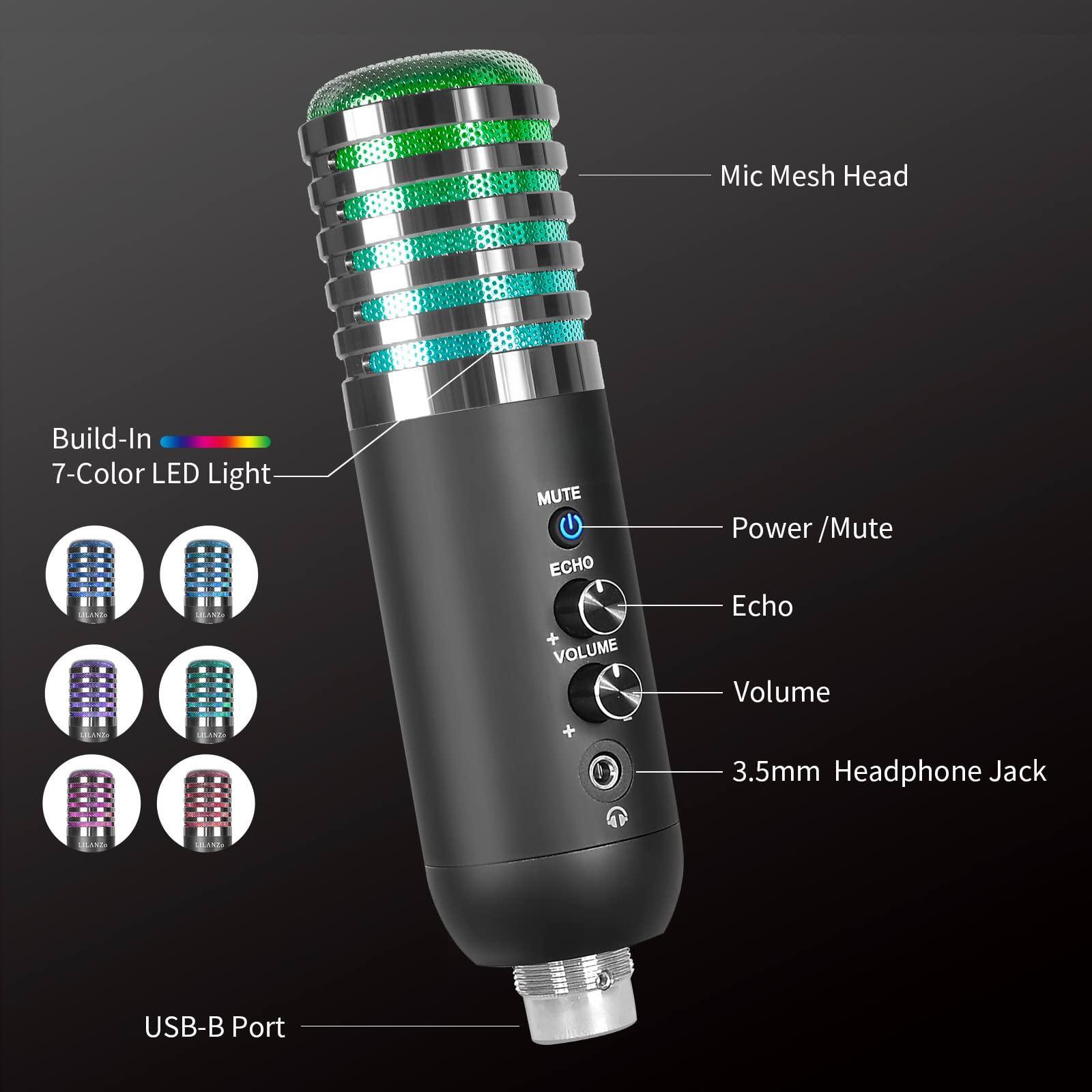- Mic Mesh Head
- Build-In 7-Color LED Light
- Power/Mute
- Echo
- Volume
- 3.5mm Headphone Jack
- USB-B Port