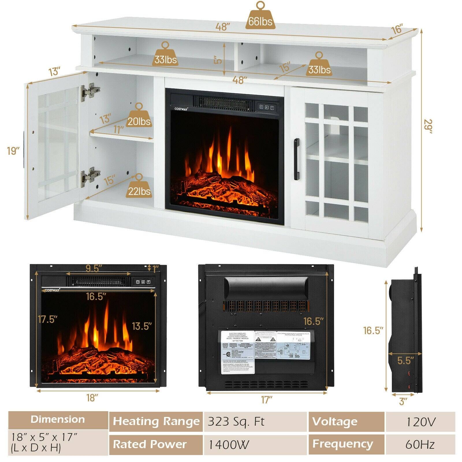 48" x 16" x 66lbs  
13" x 33lbs  
15" x 20lbs  
13" x 22lbs  
29" x 19" x 15" x 33lbs  
16.5" x 17.5" x 13.5" x 5.5" x 3"  

Dimension: 18" x 5" x 17" (L x D x H)  
Heating Range: 323 Sq. Ft  
Rated Power: 1400W  
Voltage: 120V  
Frequency: 60Hz