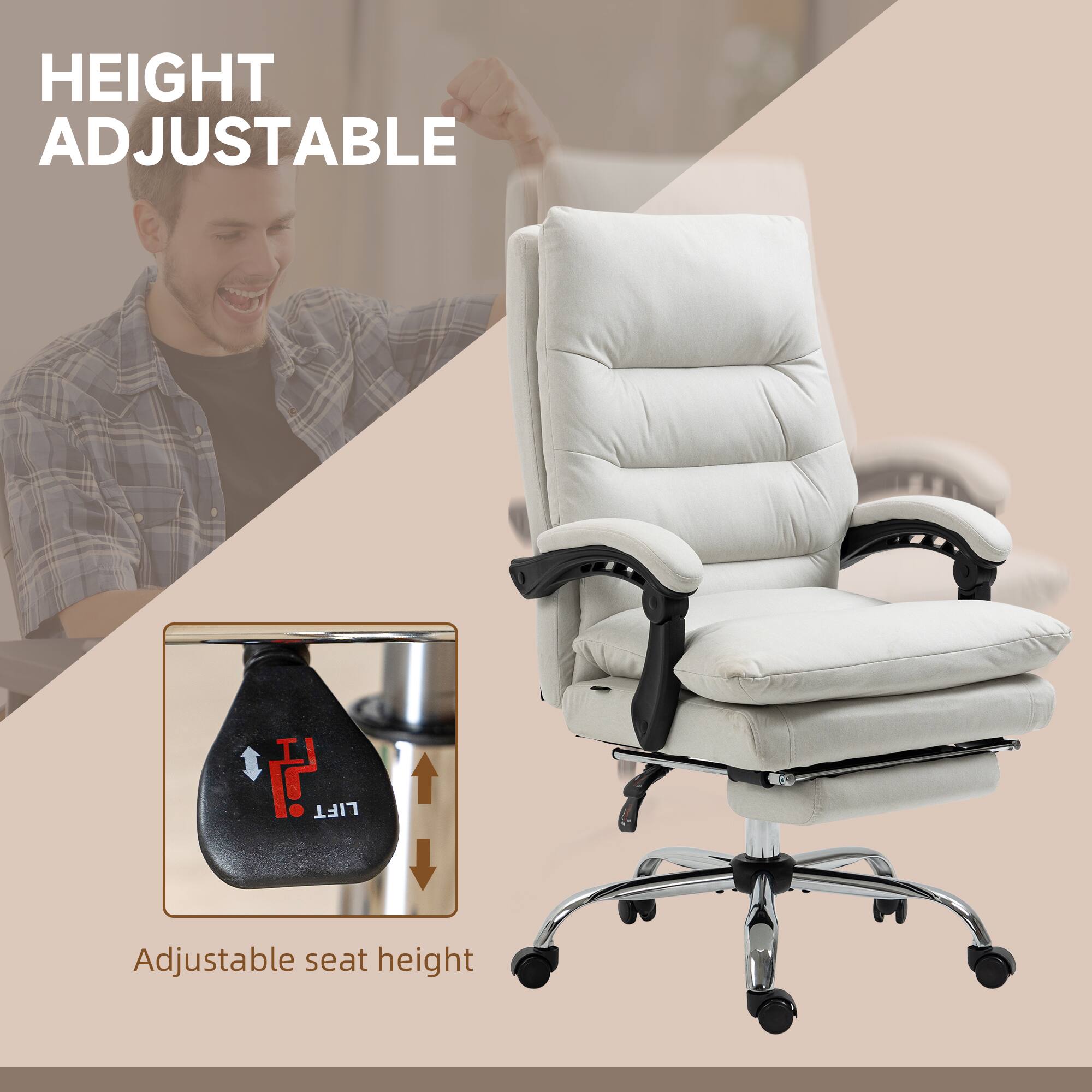 The text in the image can be grouped and corrected as follows:

**Height Adjustable**

- Adjustable seat height

This indicates that the chair has a feature allowing the user to adjust the seat height.