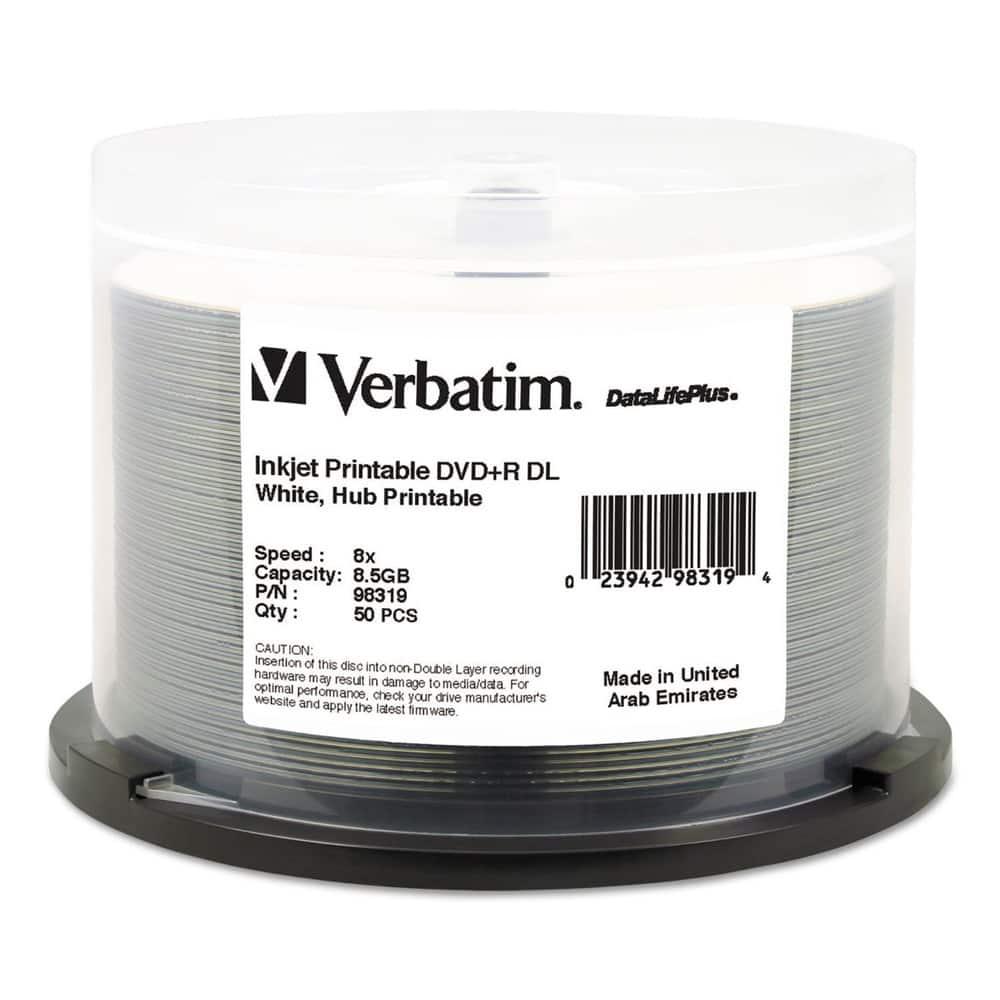 Verbatim - 98319 Dvd+r Dual Layer Recordable Disc, 8.5gb, 8x, Printable, Spindle (50/Pack) - White