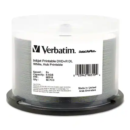 Verbatim
DataLifePlus
Inkjet Printable DVD+R DL
White, Hub Printable
Speed: 8x
Capacity: 8.5GB
P/N: 98319
Qty: 50 PCS
CAUTION: Insertion of this disc into non-Double Layer recording hardware may result in damage to media/data. For optimal performance, check your drive manufacturer's website and apply the latest firmware.
Made in United Arab Emirates
0 23942 98319 4