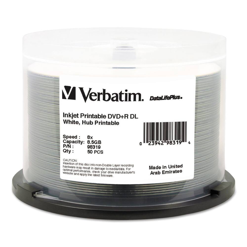 Verbatim - 98319 Dvd+r Dual Layer Recordable Disc, 8.5gb, 8x, Printable, Spindle (50/Pack) - White