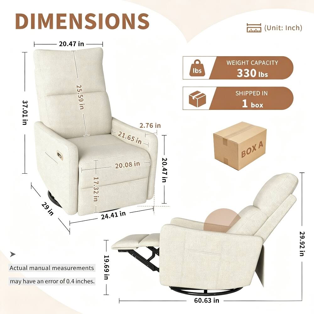 DIMENSIONS (Unit: Inch)  
- 20.47 in  
- 25.59 in  
- 37.01 in  
- 2.76 in  
- 21.65 in  
- 20.08 in  
- 17.32 in  
- 29 in  
- 24.41 in  
- 19.69 in  

Actual manual measurements may have an error of 0.4 inches.  

WEIGHT CAPACITY: 330 lbs  

SHIPPED IN: 1 box  

A BOX  
- 29.92 in  
- 60.63 in