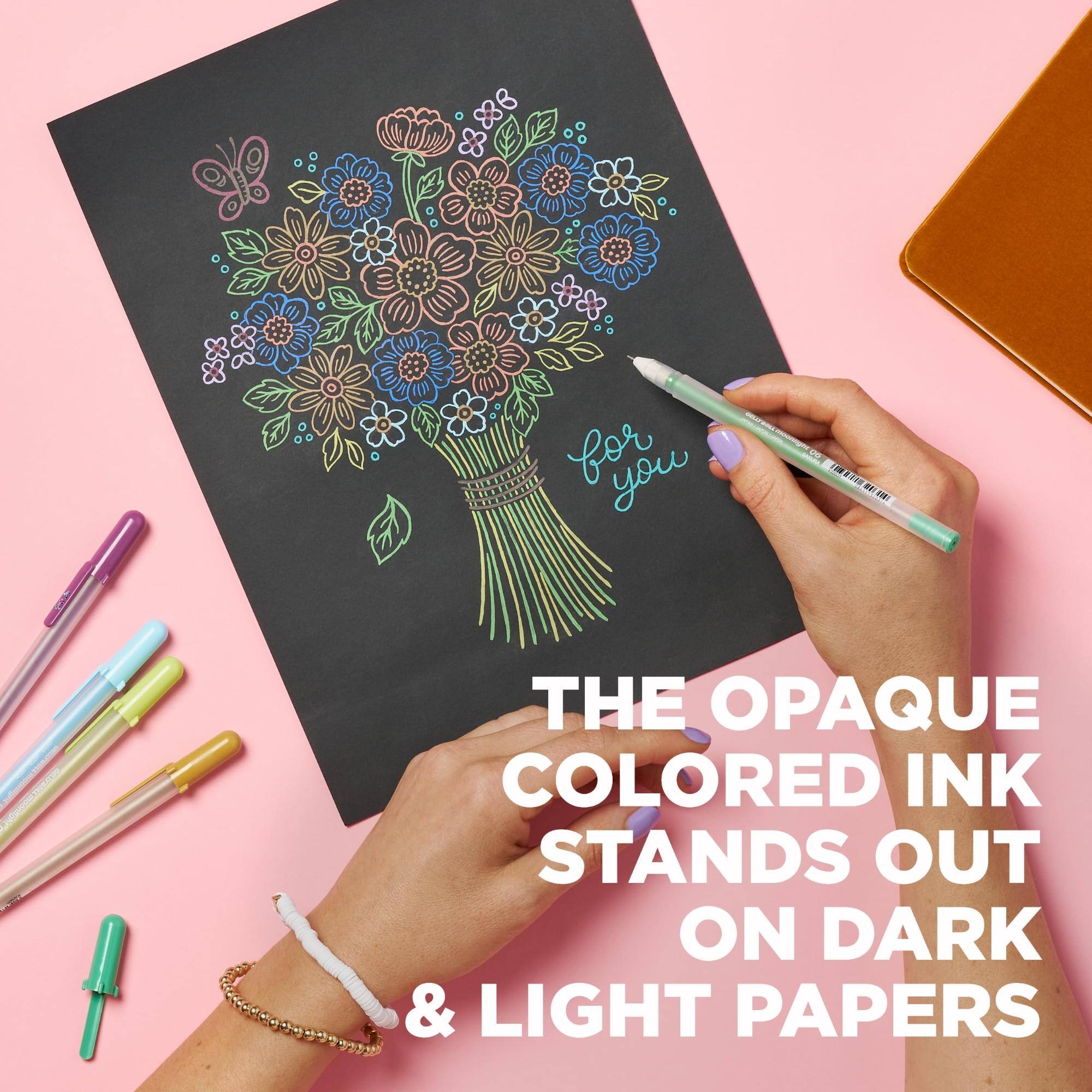 The opaque colored ink stands out on dark & light papers