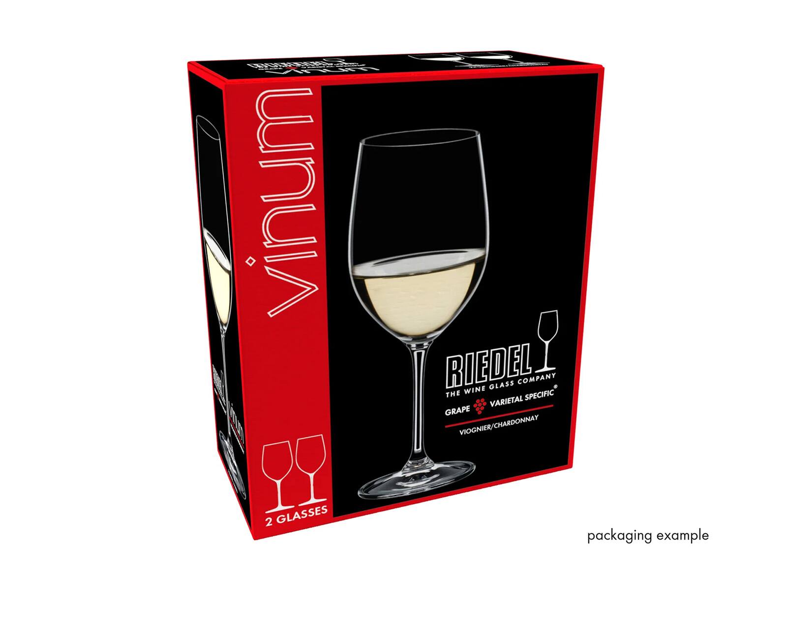thutterstock vinum muni  
RIEDEL GLASS COMPANY THE WINE SPECIFIC VARIETAL GRAPE VIOGNIER/CHARDONNAY  
2 GLASSES  
packaging example