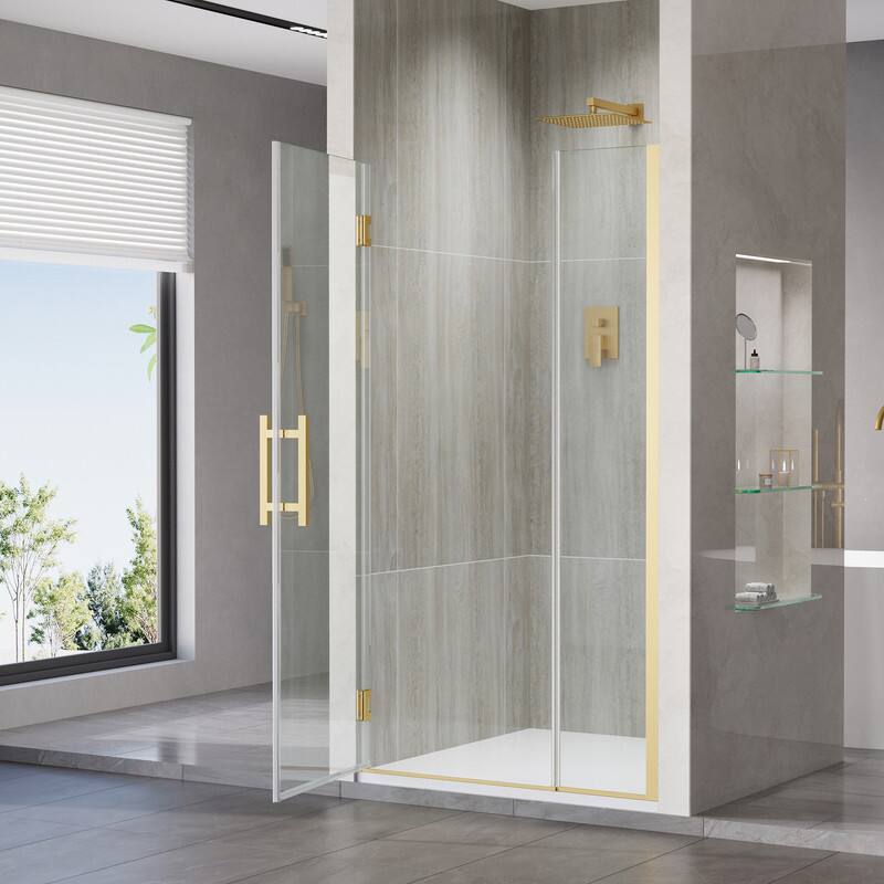 Left. WELLFOR - 37–38 in. W x 72 in. H Frameless Hinged Shower Door with 3/8" Clear Tempered Glass, Reversible Opening - Brushed Gold.