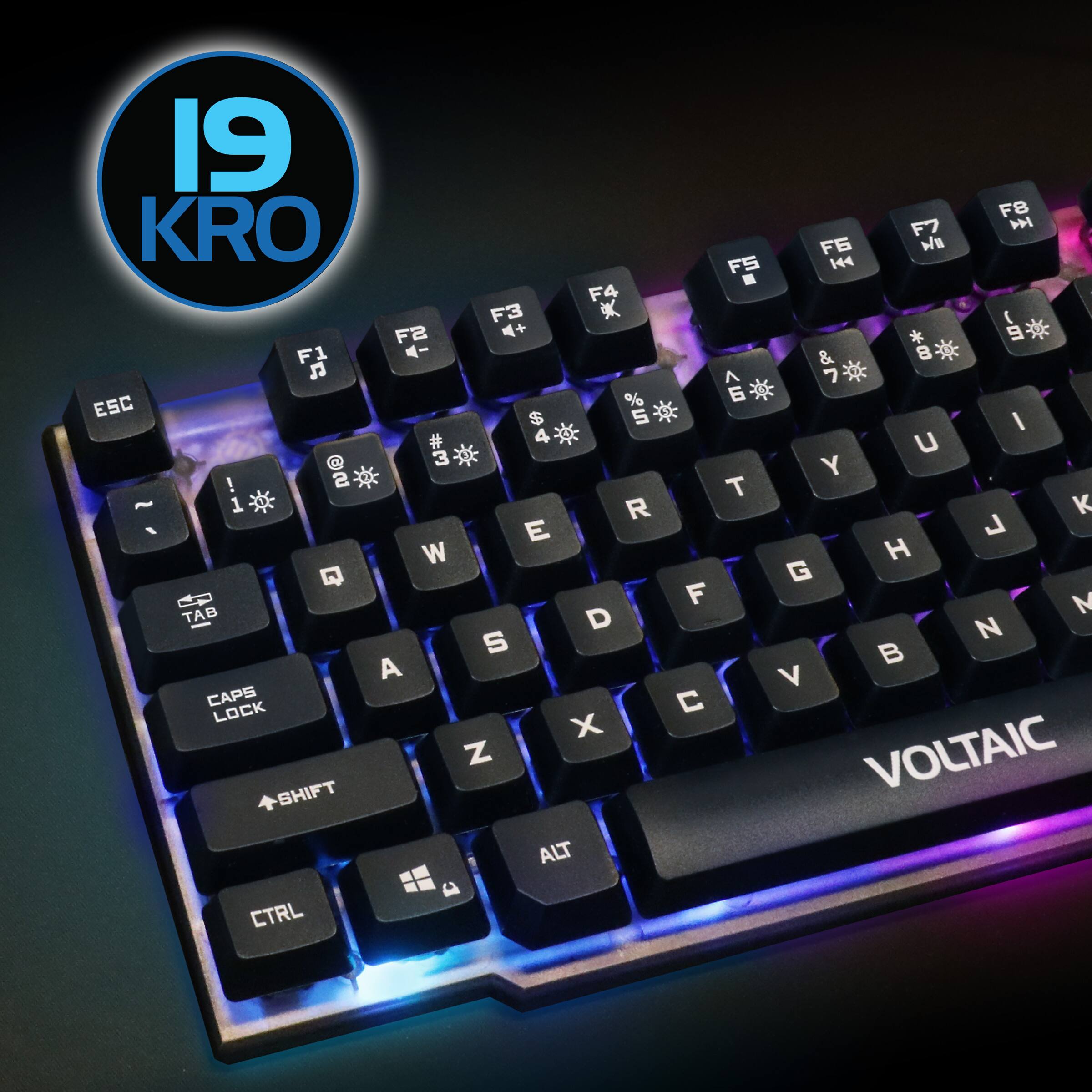 19 KRO F4 F3 F2 F1 ESC % $ 5 4 3 ! 2 ~ 1 R T Y U I O P Q W E R T Y U I O P A S D F G H J K L Z X C V B N M CAPS LOCK SHIFT ALT CTRL VOLTAIC