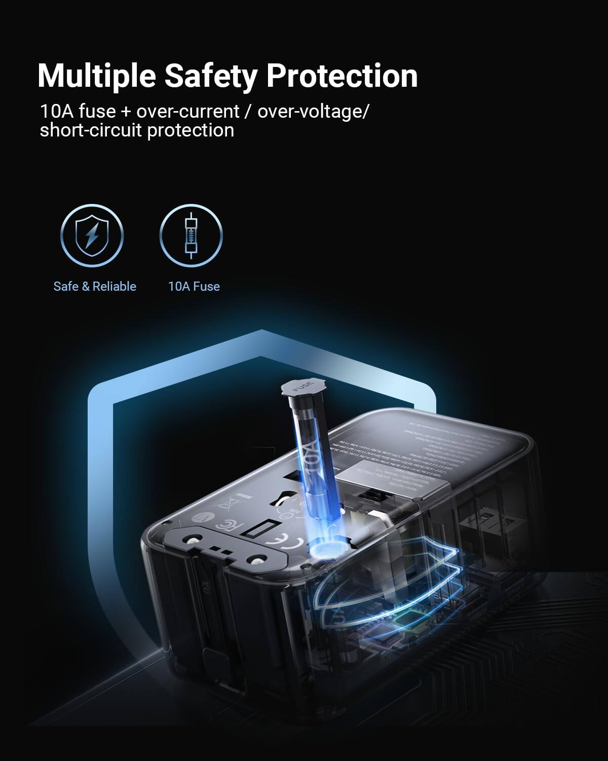 Multiple Safety Protection  
10A fuse + over-current / over-voltage/ short-circuit protection  
Safe & Reliable  
10A Fuse