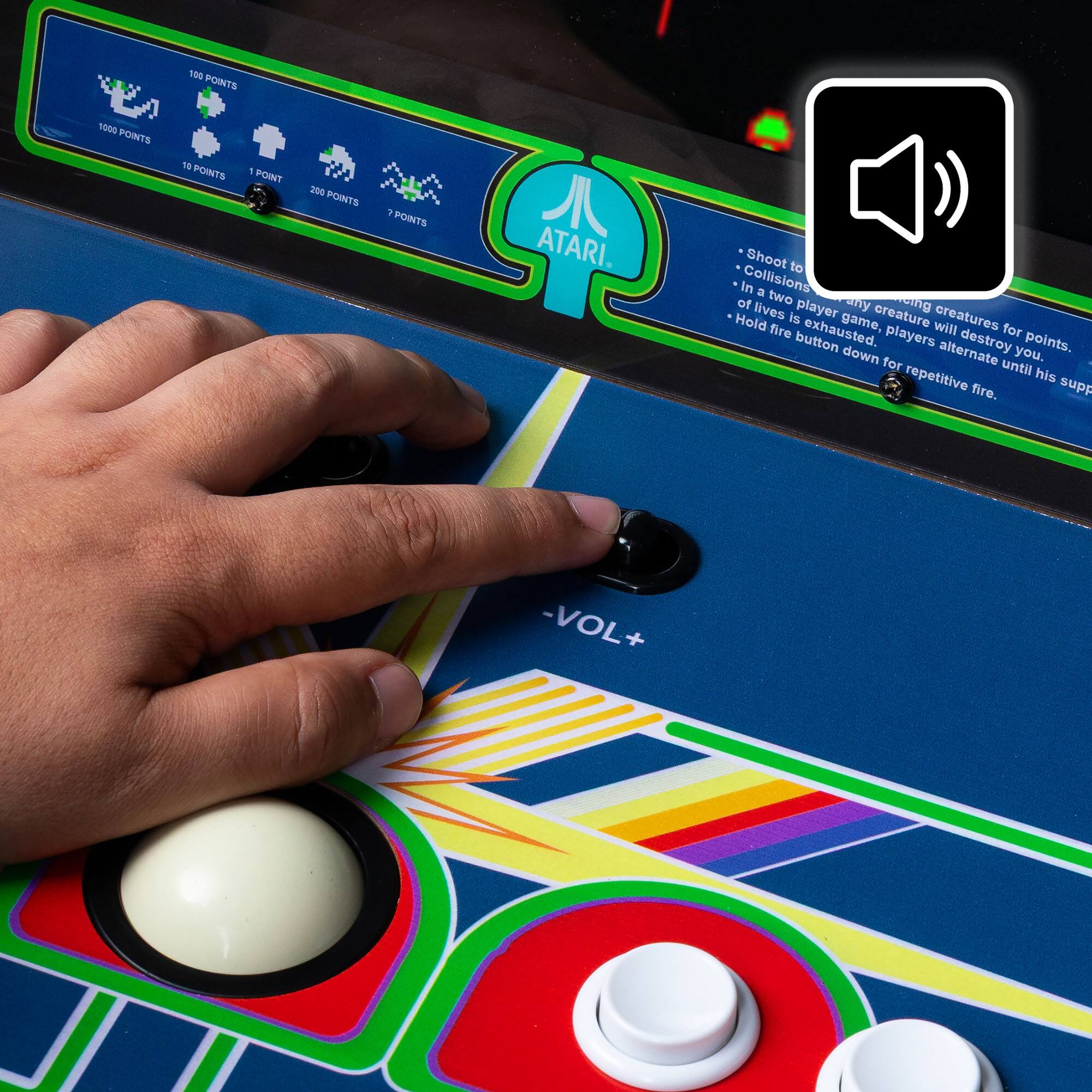 ATARI

100 POINTS
1000 POINTS
10 POINTS
1 POINT
200 POINTS
? POINTS

Shoot to destroy enemy creatures for points.
Collisions in a two player game will destroy your lives.
In a single player game, players alternate until his support is exhausted.
Hold fire button down for repetitive fire.

-VOL+