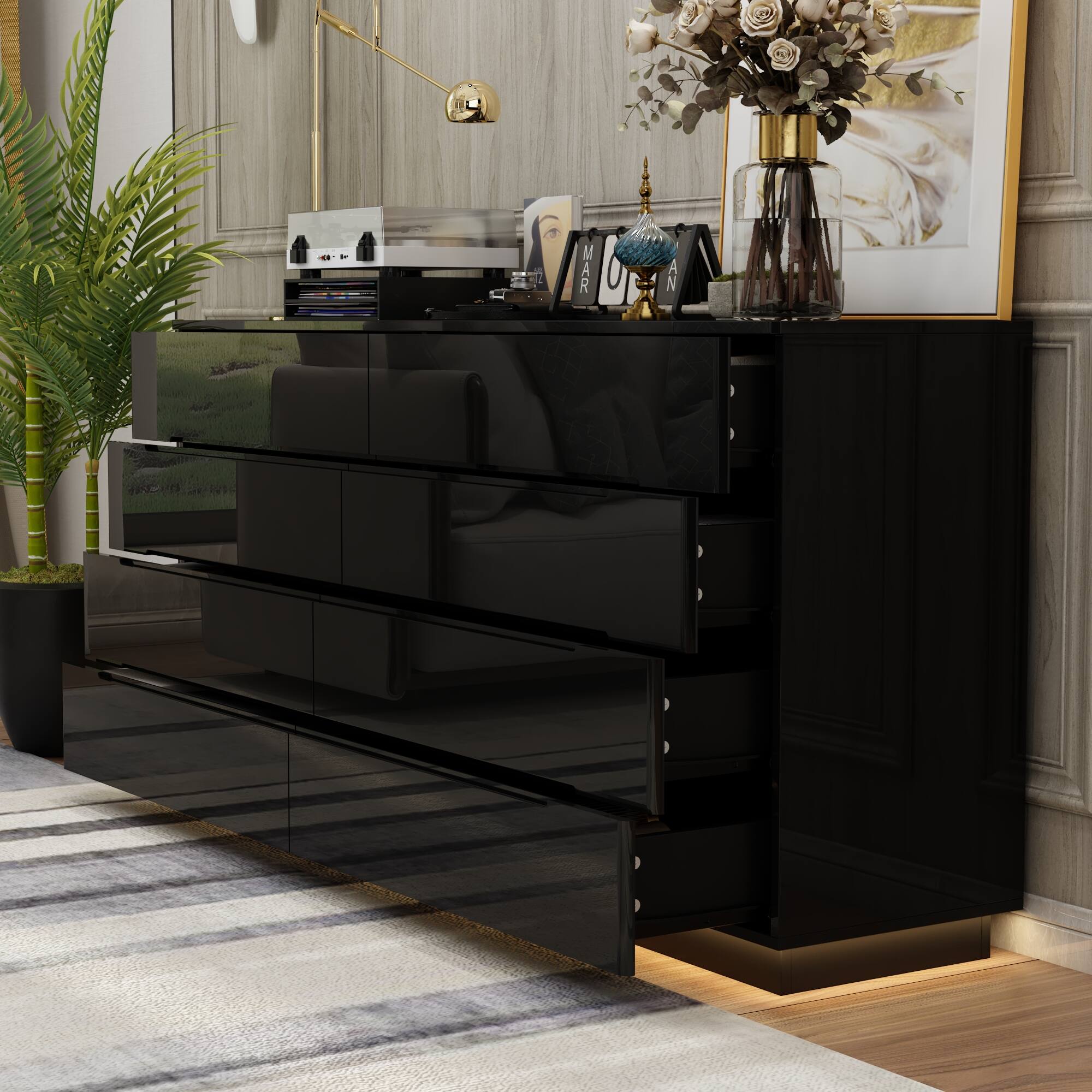 Alt View 4. FUFU & GAGA - FUFU&GAGA High - Gloss Dresser with LED Base Lighting Bedroom Elegance Redefined Chest of Drawers - Black.