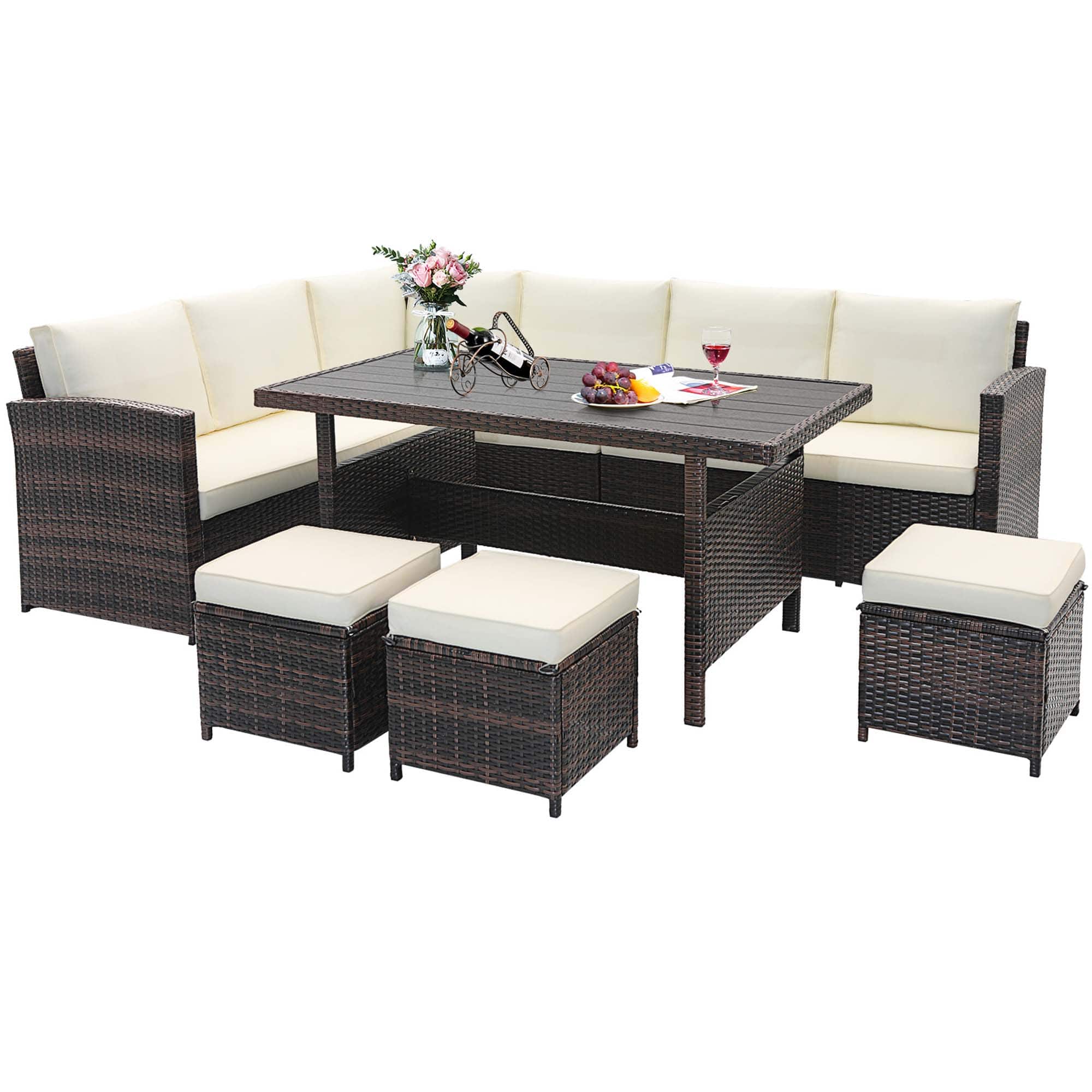 Front. Costway - 7 PCS Patio Furniture Set Rattan Sectional Conversation Sofa Coffee Table Porch - Mixed Brown/White.
