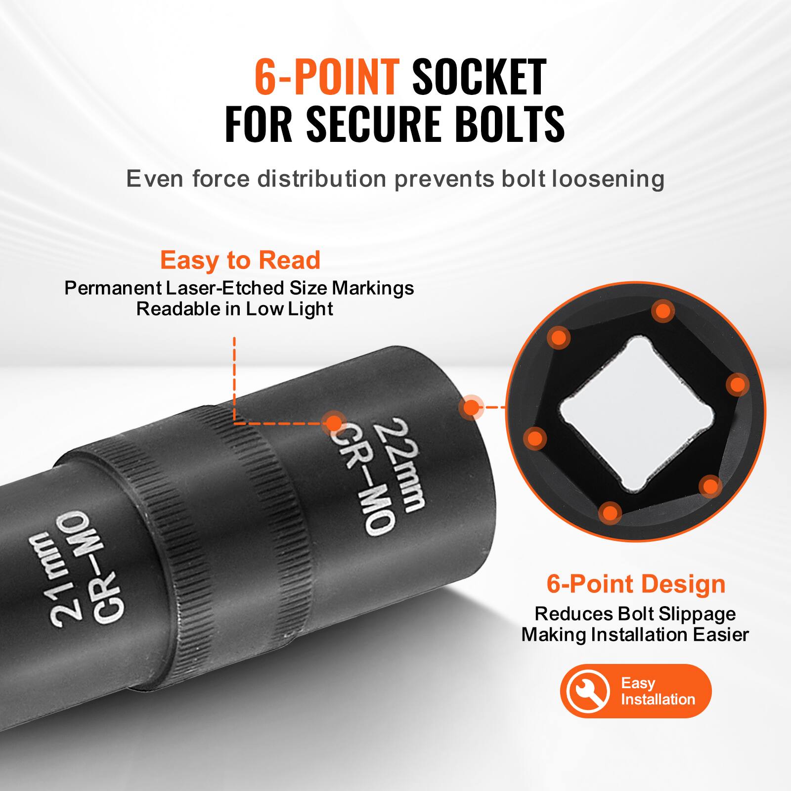 6-POINT SOCKET FOR SECURE BOLTS  
Even force distribution prevents bolt loosening  

Easy to Read  
Permanent Laser-Etched Size Markings  
Readable in Low Light  

6-Point Design  
Reduces Bolt Slippage  
Making Installation Easier  

Easy Installation  

21mm CR-MO  
22mm CR-MO
