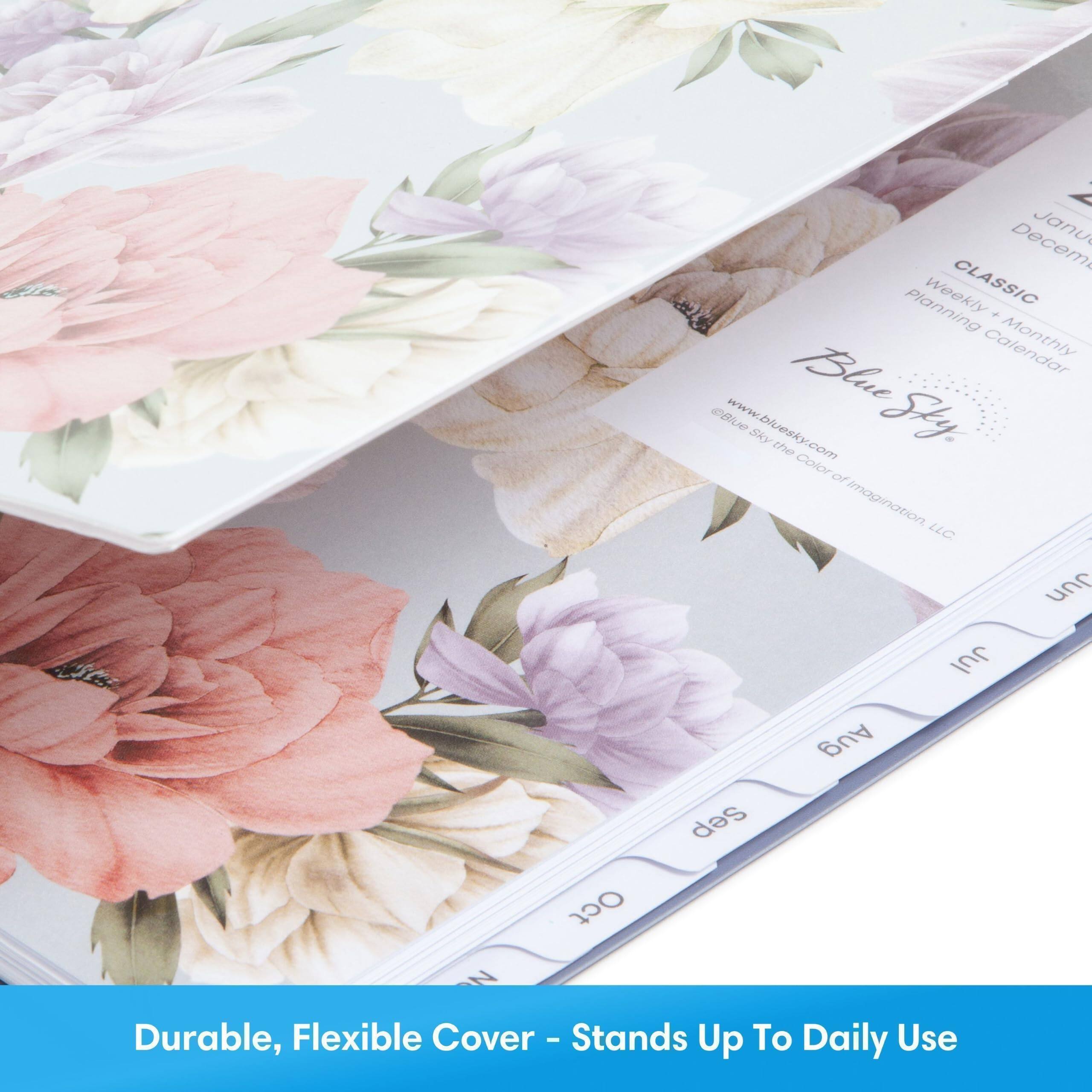 A. Decem Janu Planning Weekly CLASSIC + Blue Calendar Blue www.bluesky.com Sky the Sky. Color of Imagination, LLC. Jun Jul Aug Sep Oct N Durable, Flexible Cover - Stands Up To Daily Use