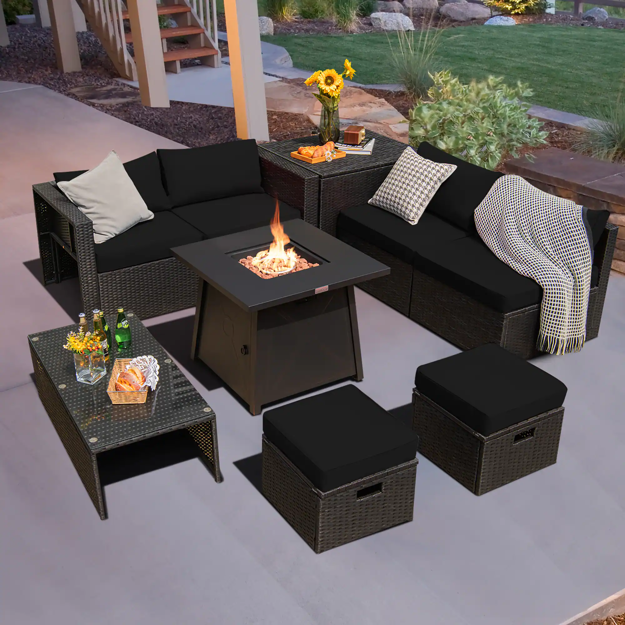 Alt View 1. Costway - Costway 9PCS Patio Rattan Furniture Set Fire Pit Space-saving W/Cover Black Cushion cover - Black.