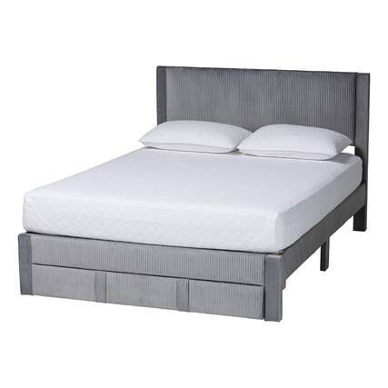 Front. Baxton Studio - Elora Modern Pleated Velvet Queen Size Storage Bed - Grey.