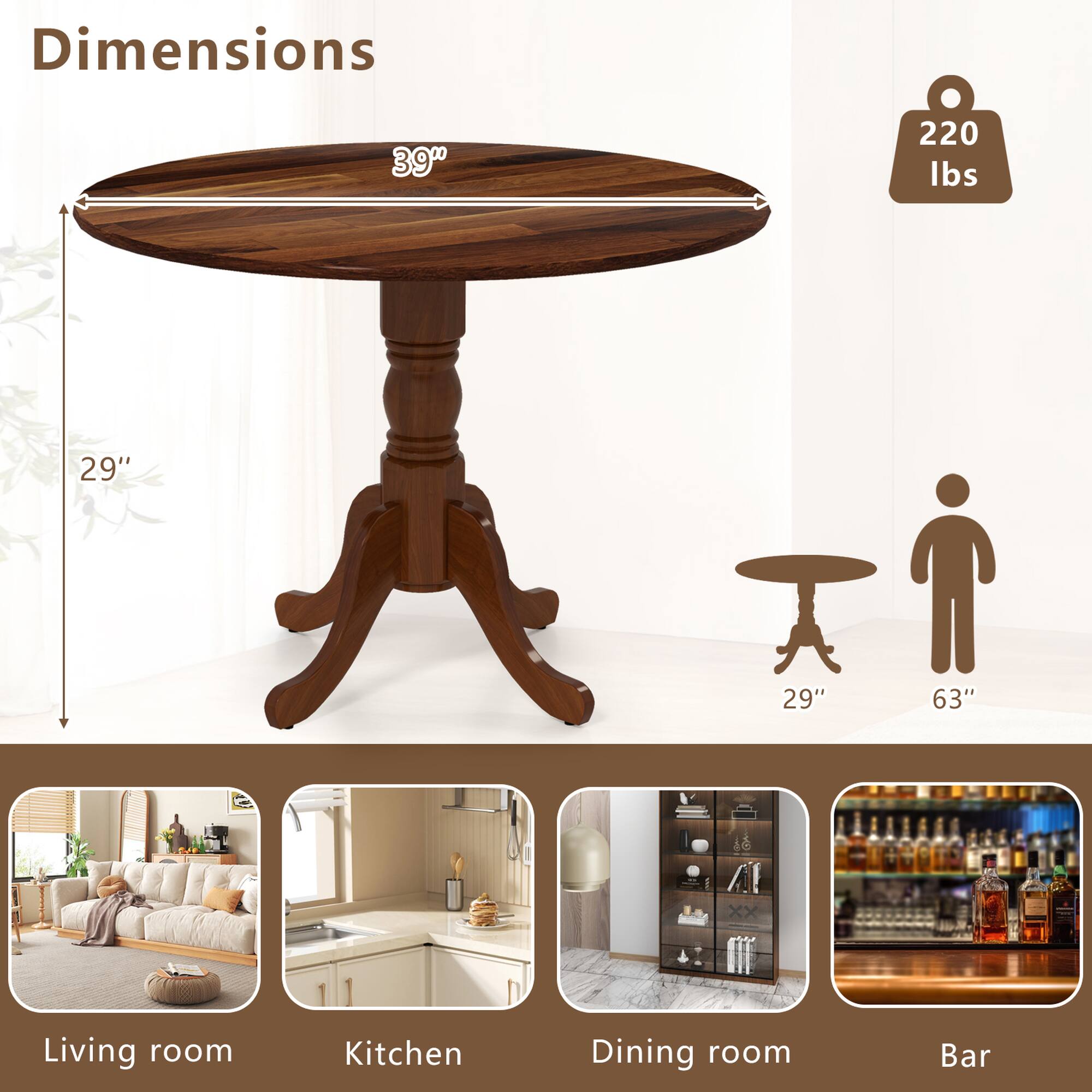 Dimensions  
39" x 29" x 29"  
220 lbs  

Living room  
Kitchen  
Dining room  
Bar