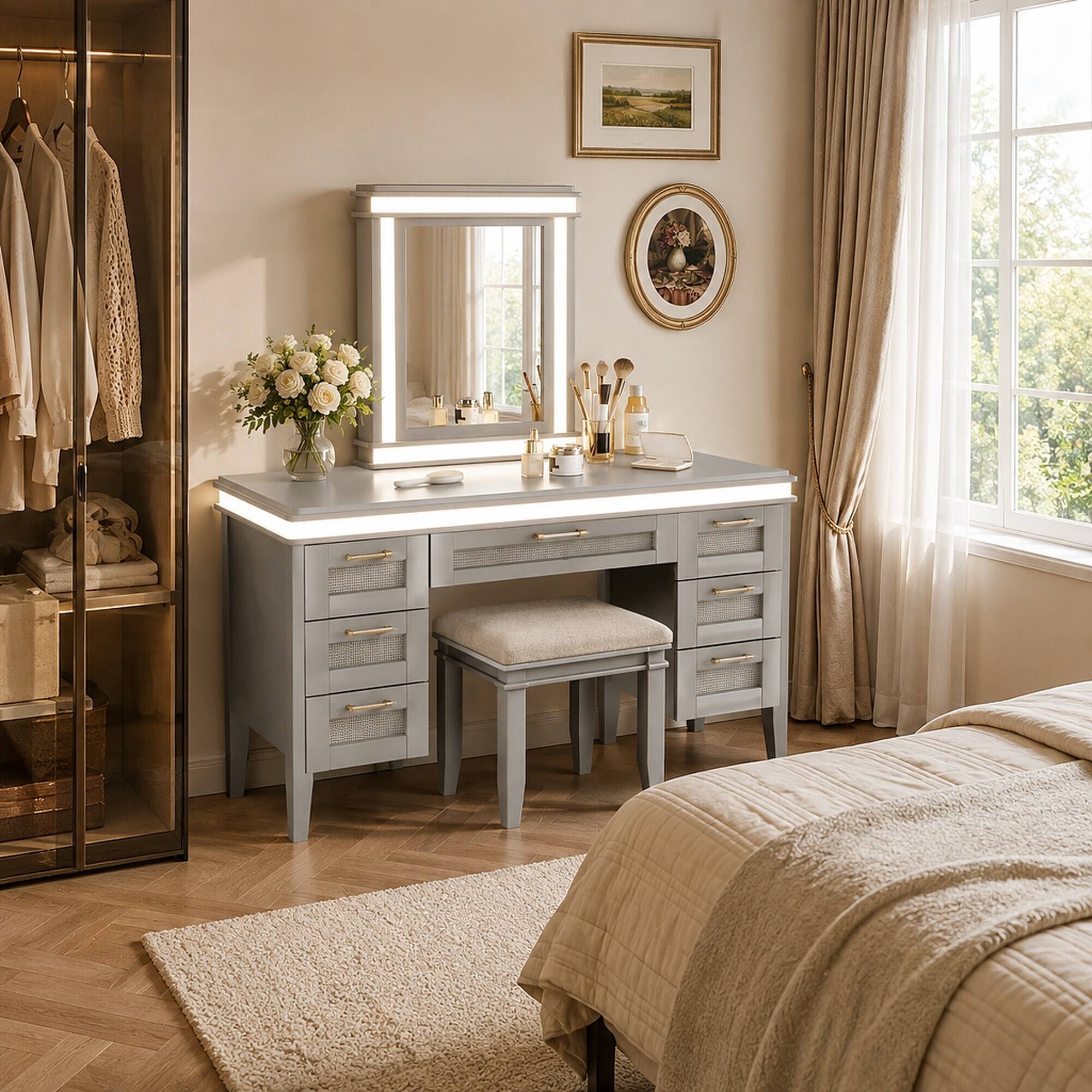 Angle. RYHNUYNE - 48 in Vanity Desk Set, 7 Drawers, Cushioned Stool, LED Mirror, Rubber Wood Legs, Greyblue - Grayish Blue.