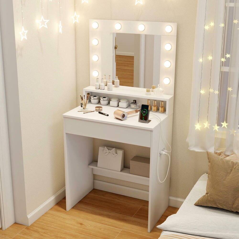 Back. Kadyn - Bedroom Vanity Desk - Adjustable Brightness, 3 Light Modes, Lighted Mirror - White - White.