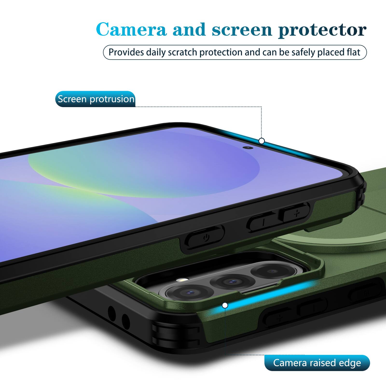 Camera and screen protector  
Provides daily scratch protection and can be safely placed flat  

Screen protrusion  
Camera raised edge