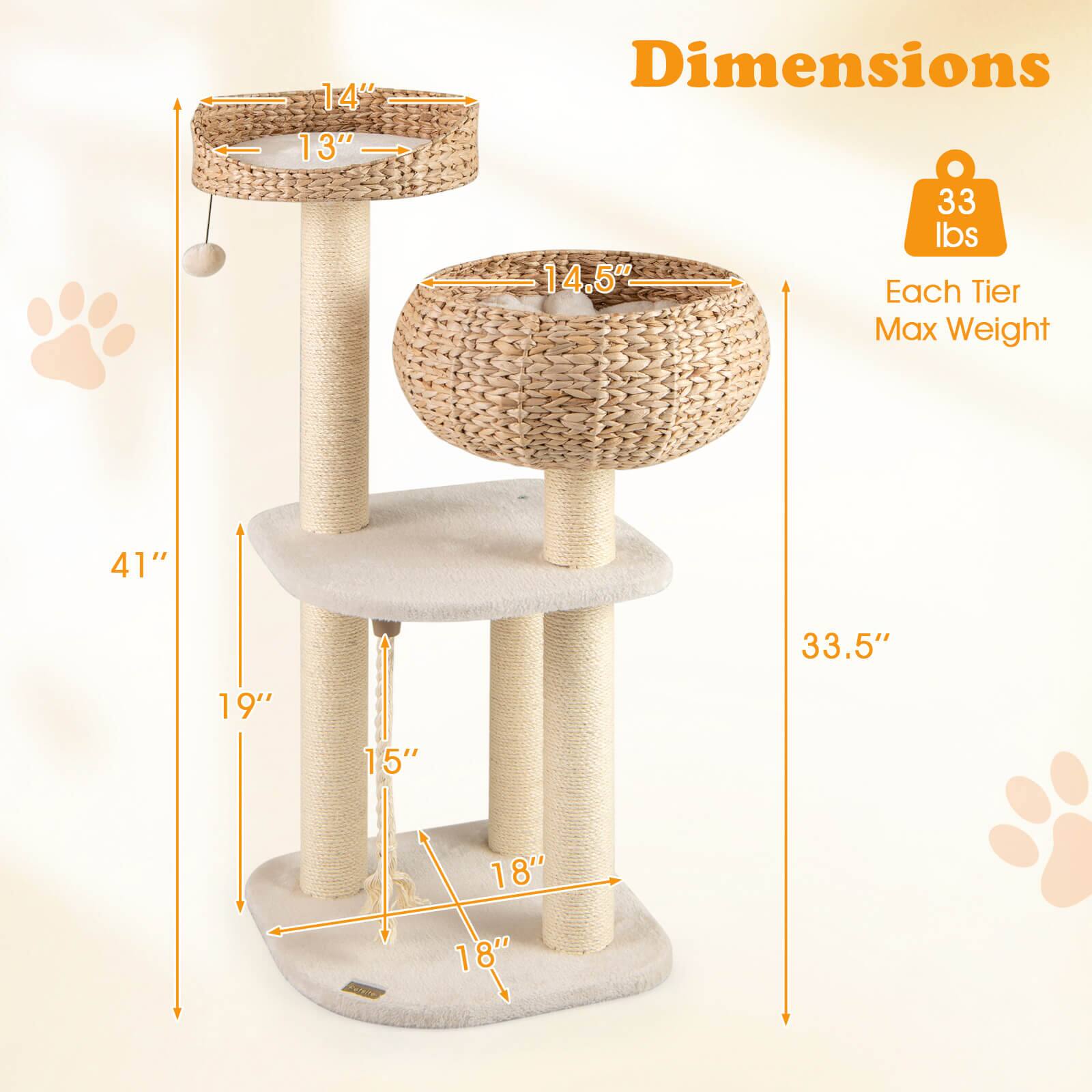 - Dimensions:
  - 14" (top tier diameter)
  - 13" (top tier depth)
  - 14.5" (middle tier diameter)
  - 19" (middle tier depth)
  - 15" (bottom tier depth)
  - 18" (bottom tier diameter)
  - 41" (total height)
  - 33.5" (height from base to top tier)

- Weight:
  - 33 lbs (each tier max weight)