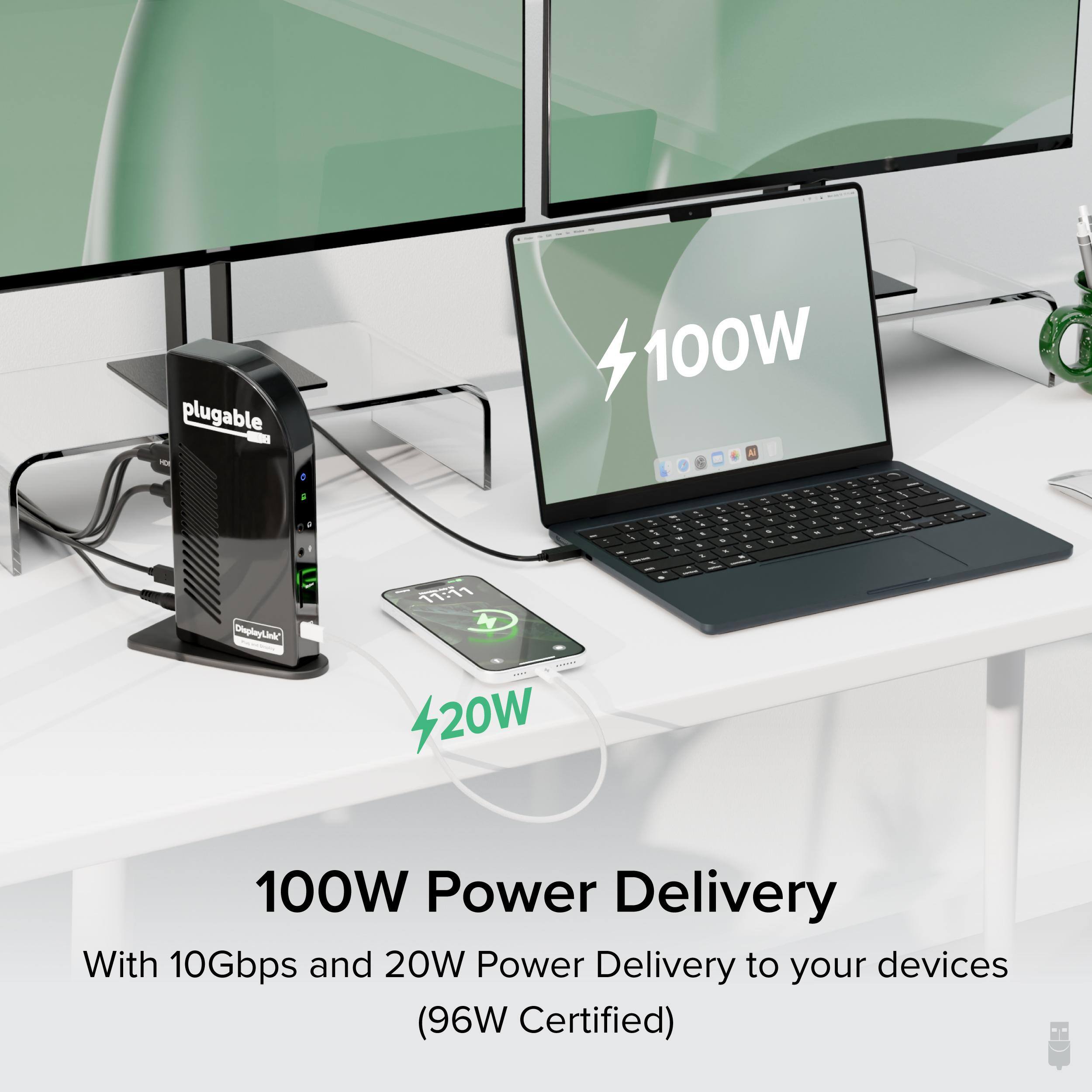 plugable 100W A - 1 . - - - - - - - 2 . - - - - - - 2 de . 2 - - - - I - . - - a I 5 OhephoyCind  1 N - ...... I 20W 100W Power Delivery With 10Gbps and 20W Power Delivery to your devices (96W Certified)