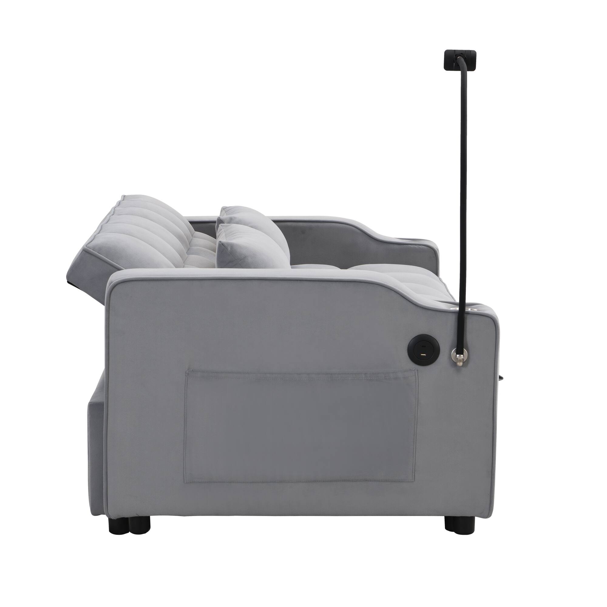 Alt View 1. GOODSILO - Convertible Velvet Sofa Bed with Adjustable Backrest, USB Ports, and Storage Pockets for Compact Living Spaces - Light Gray.