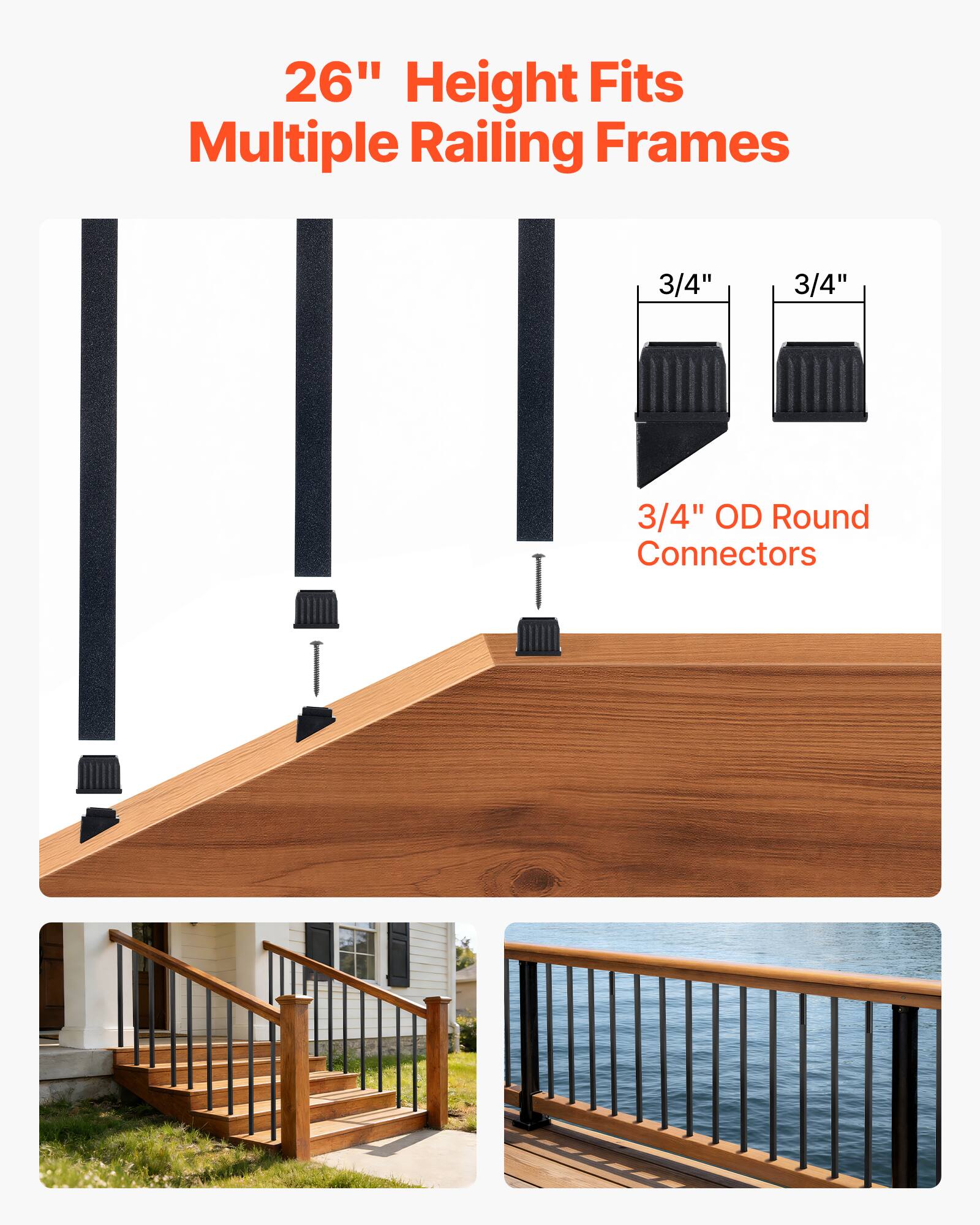 26" Height Fits Multiple Railing Frames  
3/4" OD Round Connectors