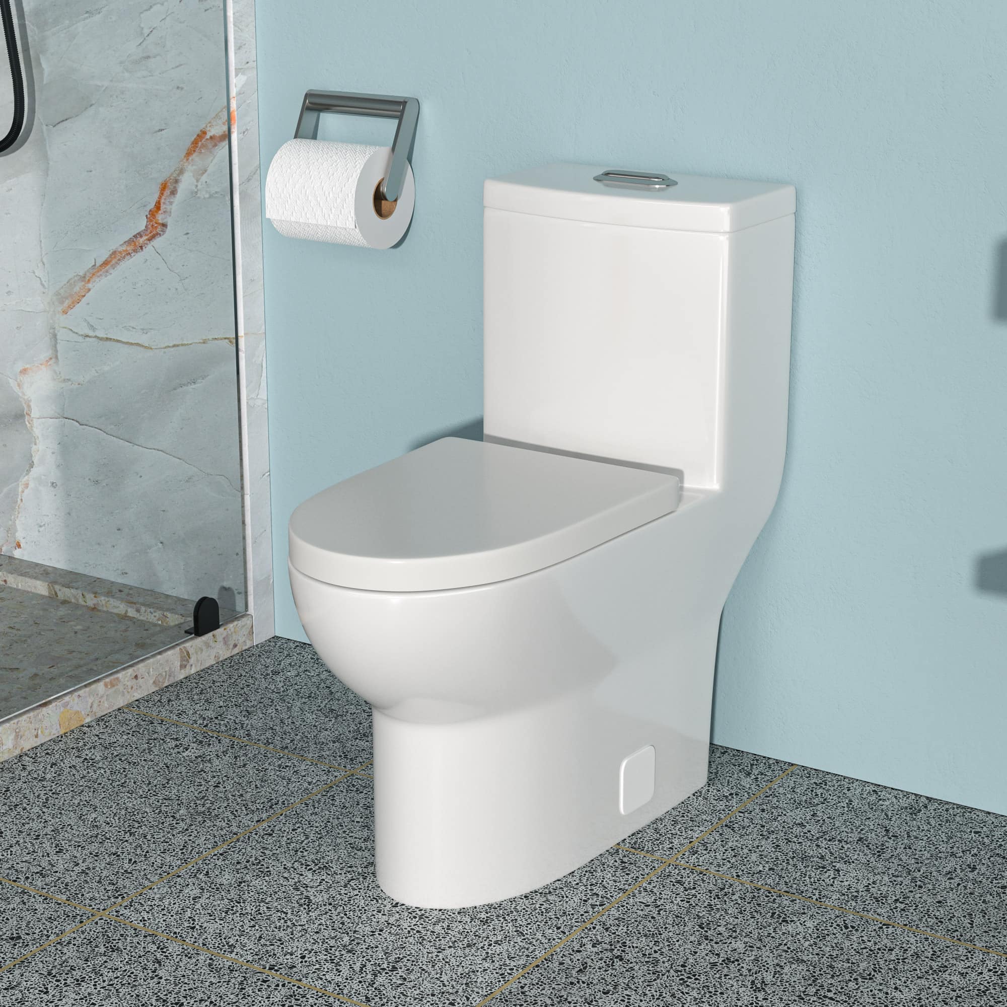 TinyHomie - Ceramic One Piece Toilet Dual Flush with Soft Closing Seat - White