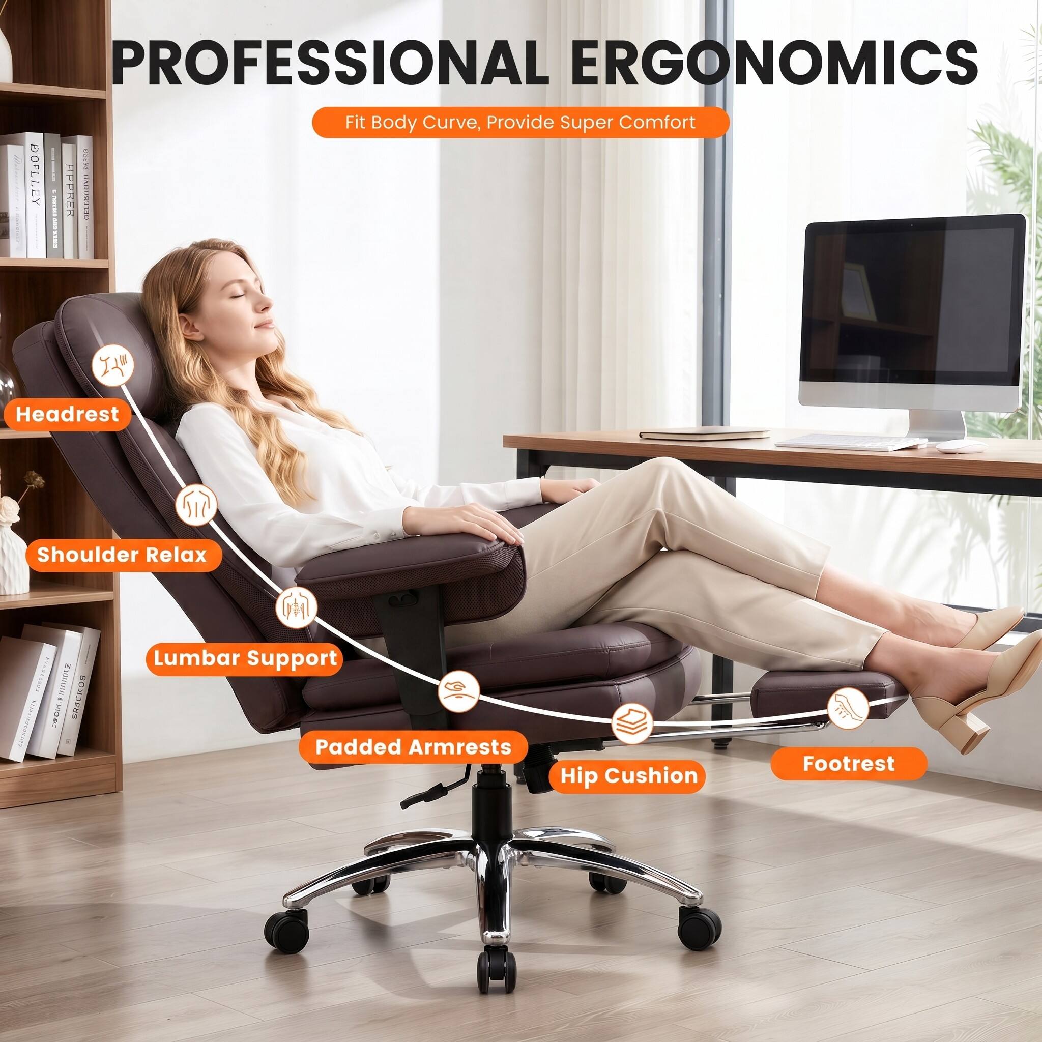 PROFESSIONAL ERGONOMICS  
Fit Body Curve, Provide Super Comfort  

- Headrest  
- Shoulder Relax  
- Lumbar Support  
- Padded Armrests  
- Hip Cushion  
- Footrest