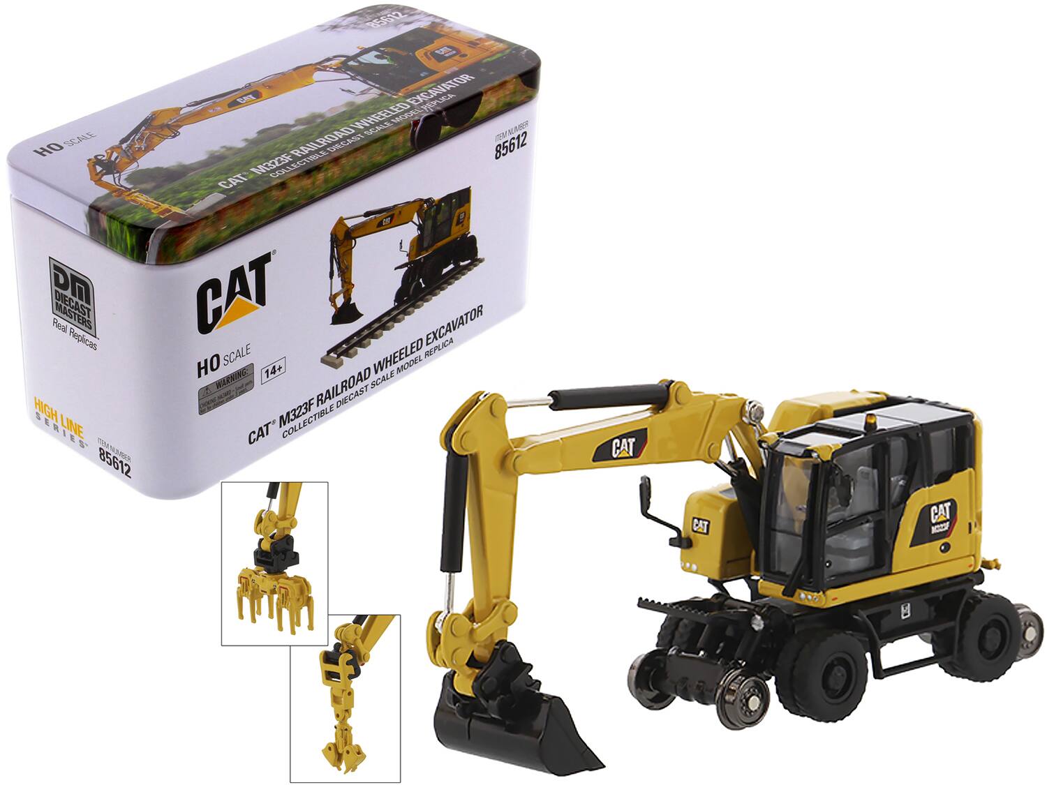 CAT Caterpillar M323F Railroad Wheeled Excavator & 3 Accessories (Safety Yellow Version) High Line 1/87 Diecast Masters