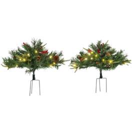 Homcom - 2-Pack 22-inch Prelit Artificial Christmas Tree, Cordless, 69 Branches, Warm White LEDs, Red Berries, Pine Cones - Green