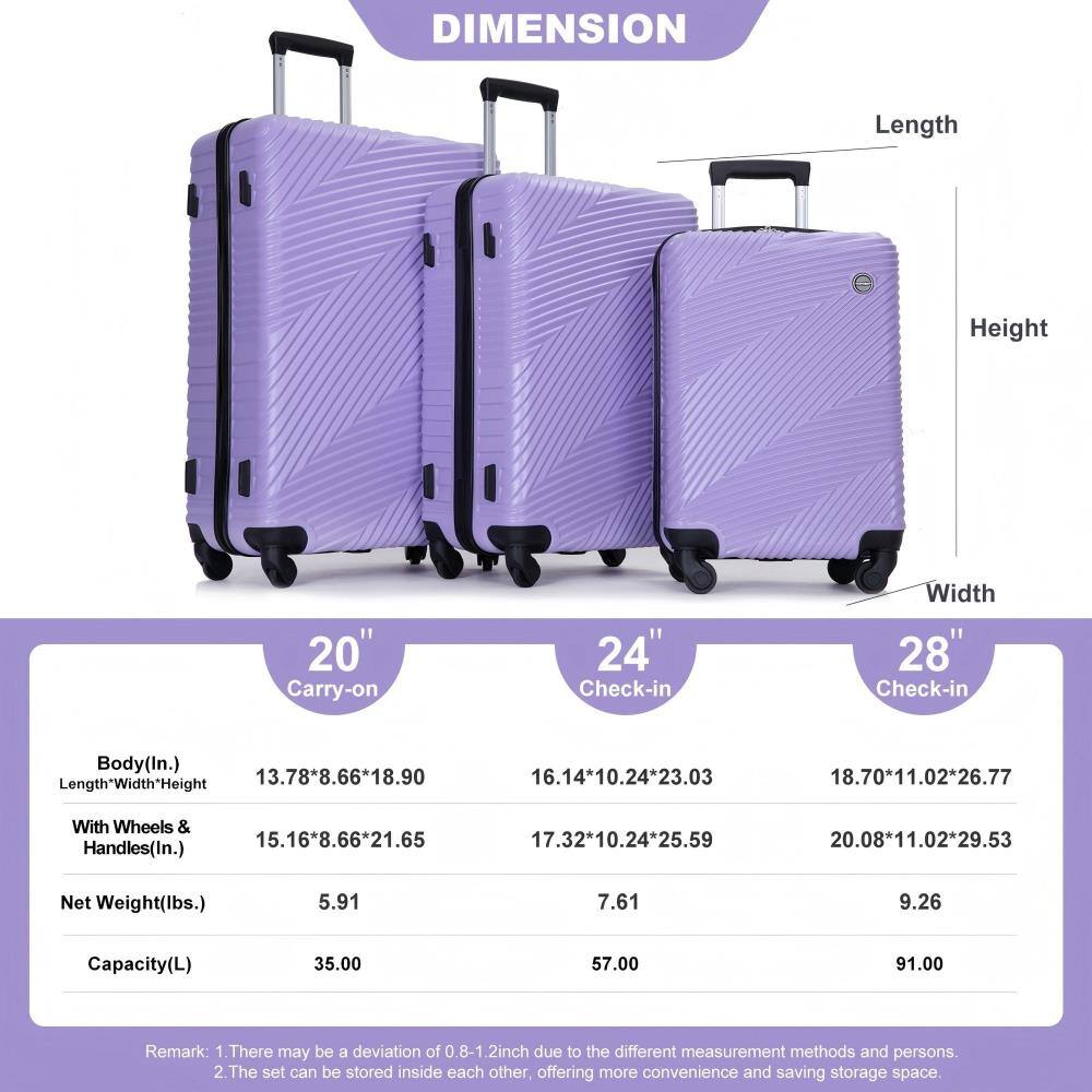 **DIMENSION**

- **20" Carry-on**
  - Body (In.): Length*Width*Height = 13.78*8.66*18.90
  - With Wheels & Handles (In.): 15.16*8.66*21.65
  - Net Weight (Ibs.): 5.91
  - Capacity (L): 35.00

- **24" Check-in**
  - Body (In.): Length*Width*Height = 16.14*10.24*23.03
  - With Wheels & Handles (In.): 17.32*10.24*25.59
  - Net Weight (Ibs.): 7.61
  - Capacity (L): 57.00

- **28" Check-in**
  - Body (In.): Length*Width*Height = 18.70*11.02*26.77
  - With Wheels & Handles (In.): 20.08*11.