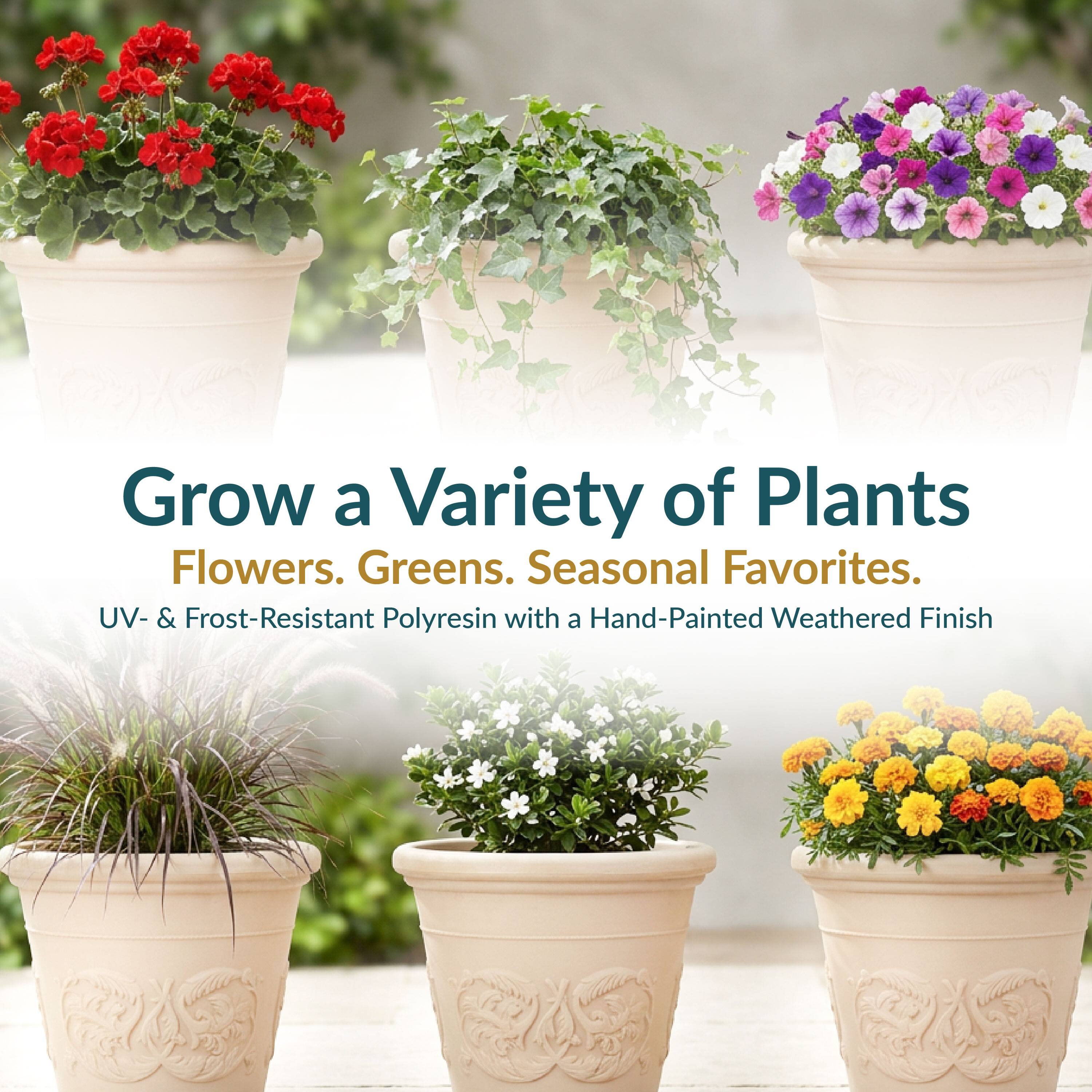 Grow a Variety of Plants  
Flowers. Greens. Seasonal Favorites.  
UV- & Frost-Resistant Polyresin with a Hand-Painted Weathered Finish