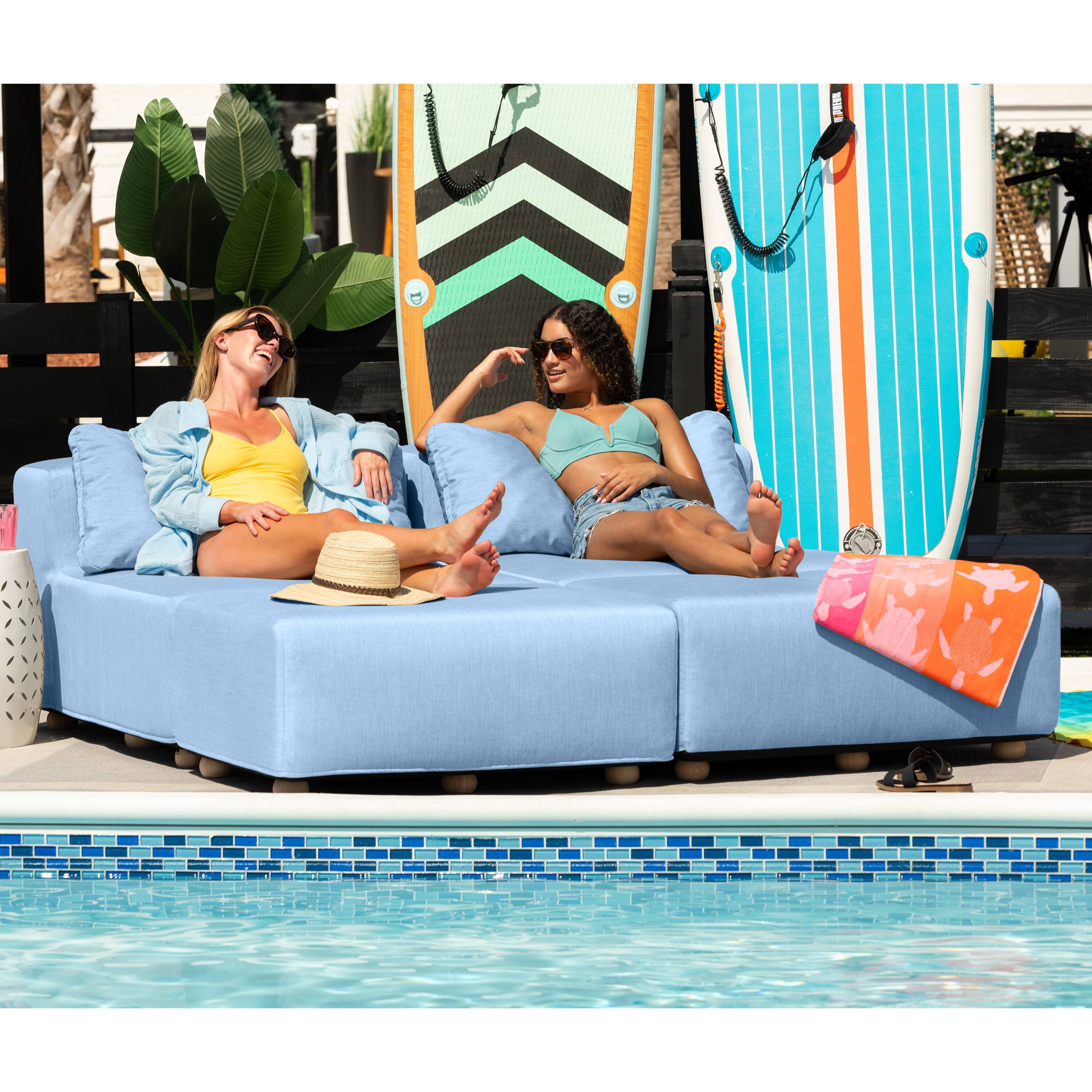 Back. Jaxx - Jaxx Vada Outdoor Sun Lounger Luxury Modular Chaise & Ottoman w/ Sunbrella & Waterproof Cover, Sunbrella Ocean Blue - Ocean Blue.