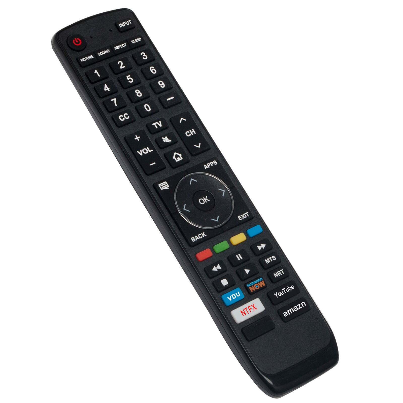INPUT BLEEP ASPECT SOUND 3 PICTURE 2 1 6 5 4 9 8 - 7 0 CC TV CH + VOL - APPS OK BACK EXIT II MTS NRT FARDANGO NOW VDU YouTube NTFX amazon