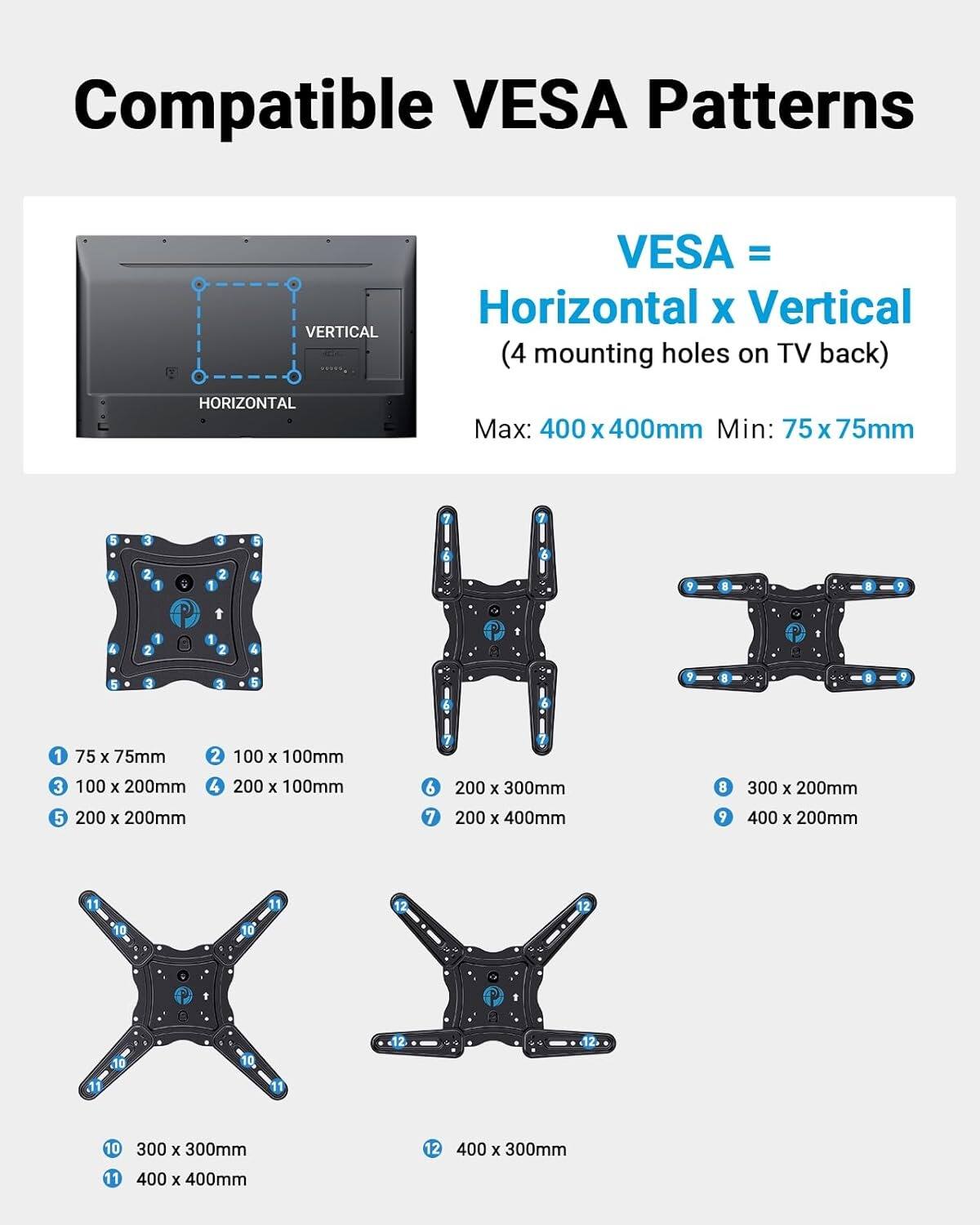 Compatible VESA Patterns

VERTICAL VESA = Horizontal x Vertical (4 mounting holes on TV back)

HORIZONTAL

Max: 400 x 400mm
Min: 75 x 75mm

1. 75 x 75mm
2. 100 x 100mm
3. 100 x 200mm
4. 200 x 100mm
5. 200 x 200mm
6. 200 x 300mm
7. 200 x 400mm
8. 300 x 200mm
9. 400 x 200mm
10. 300 x 300mm
11. 400 x 400mm
12. 400 x 300mm