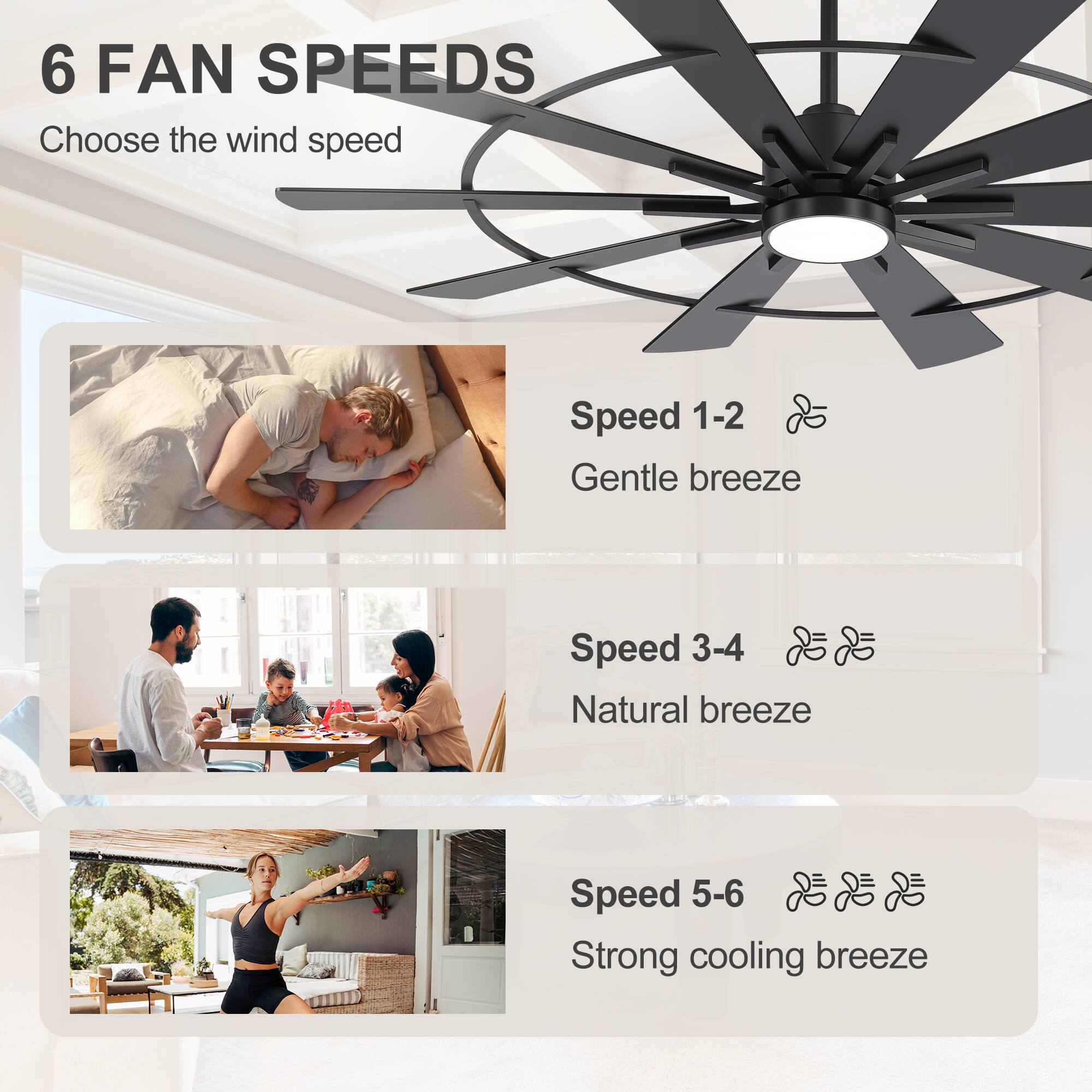 6 FAN SPEEDS  
Choose the wind speed

Speed 1-2  
Gentle breeze

Speed 3-4  
Natural breeze

Speed 5-6  
Strong cooling breeze