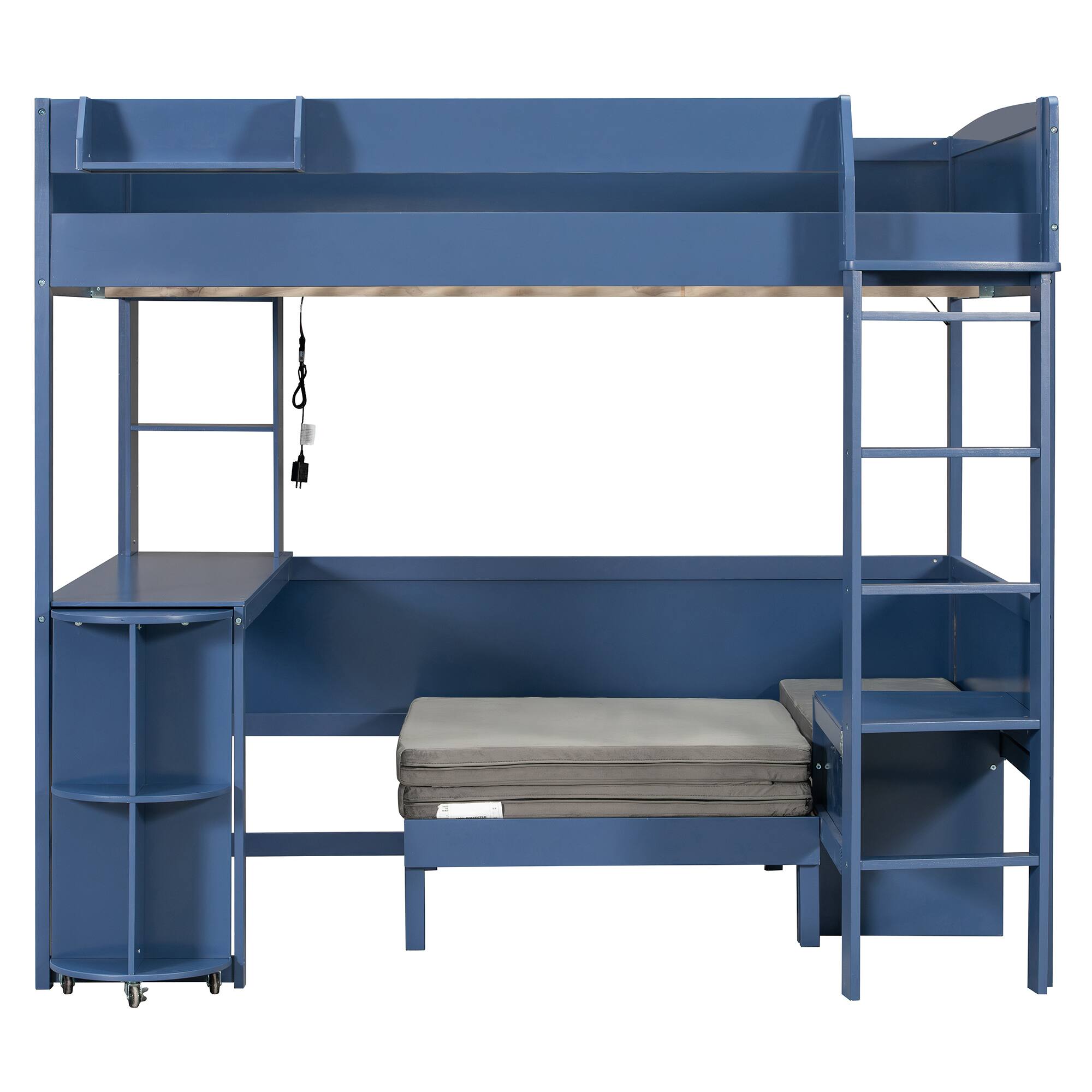 Alt View 1. Whisen - Full Size Wood Loft Bed with Desk, Bedside Storage Shelf, Sofa & LED Light for Bedroom/Small Apartment - Navy Blue.