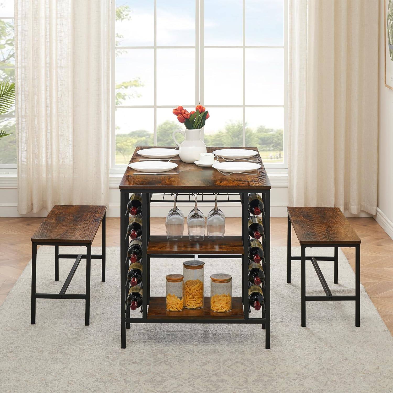 Alt View 4. Qeetex - 3-Piece Dining Set with Table, 2 Benches, Wine Rack & Storage Shelf - Brown.
