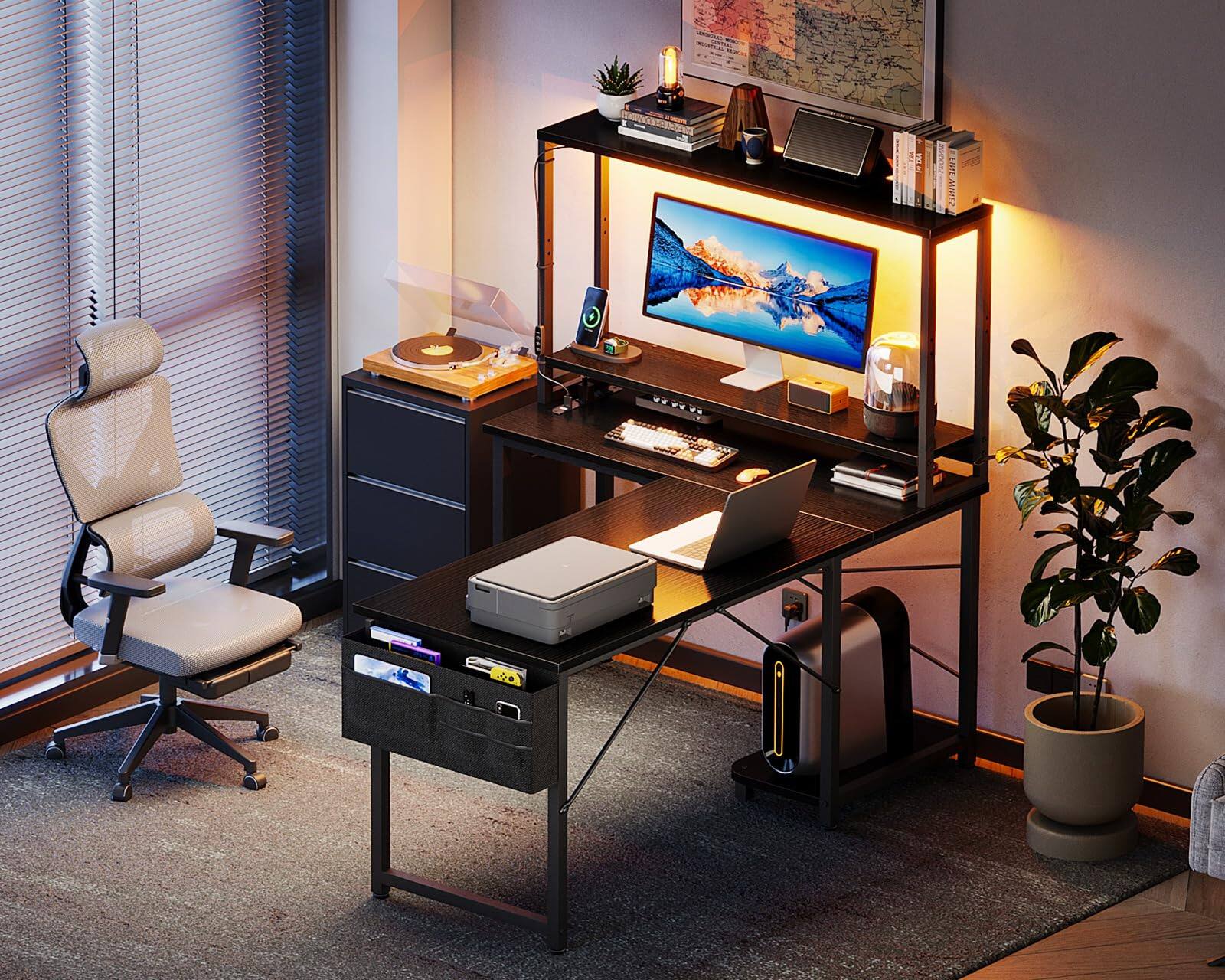 Alt View 3. AODK - Reversible L-Shaped Gaming Desk with LED Light, Power Outlet, Shelf, Storage Bag and Hook - Black.