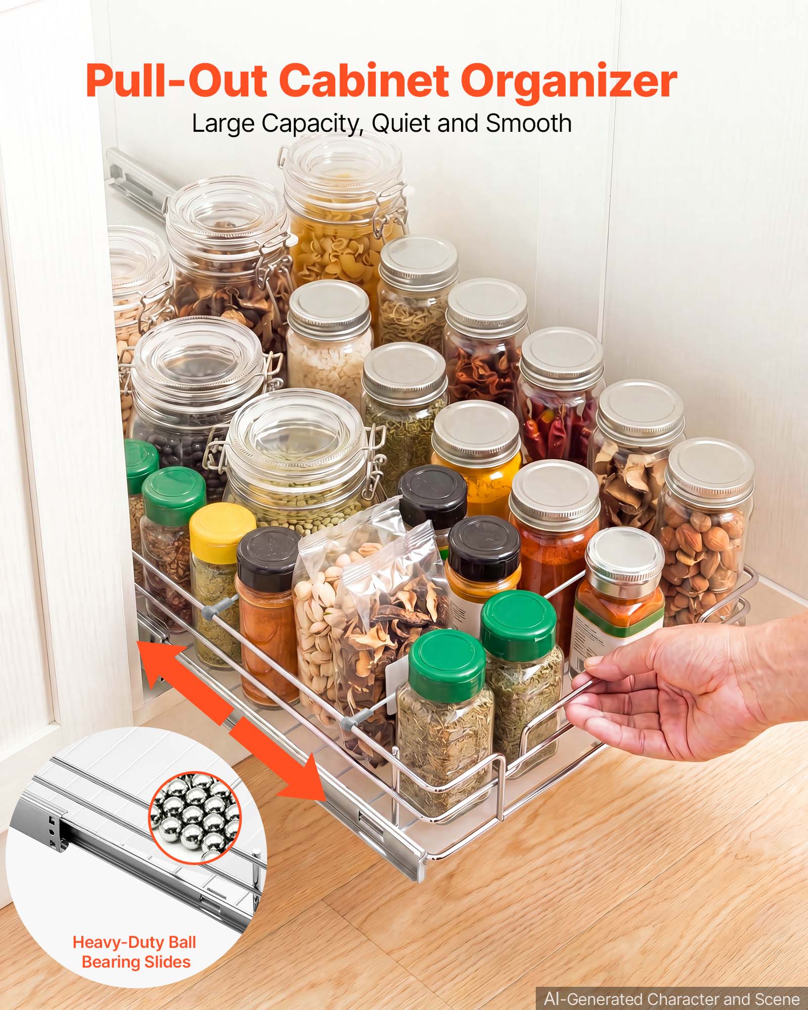 Pull-Out Cabinet Organizer  
Large Capacity, Quiet and Smooth  
Heavy-Duty Ball Bearing Slides  
AI-Generated Character and Scene