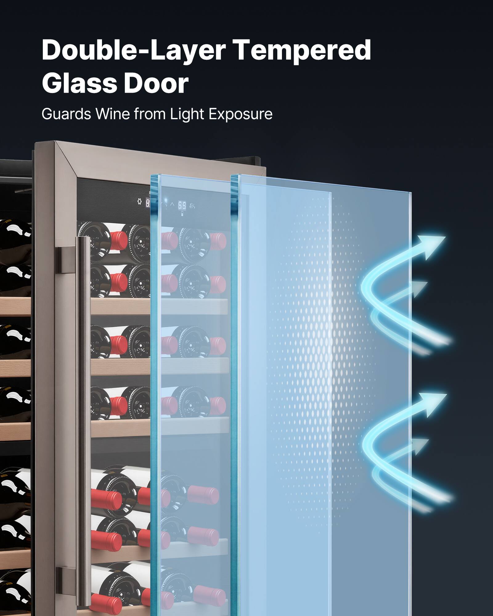 Double-Layer Tempered Glass Door  
Guards Wine from Light Exposure