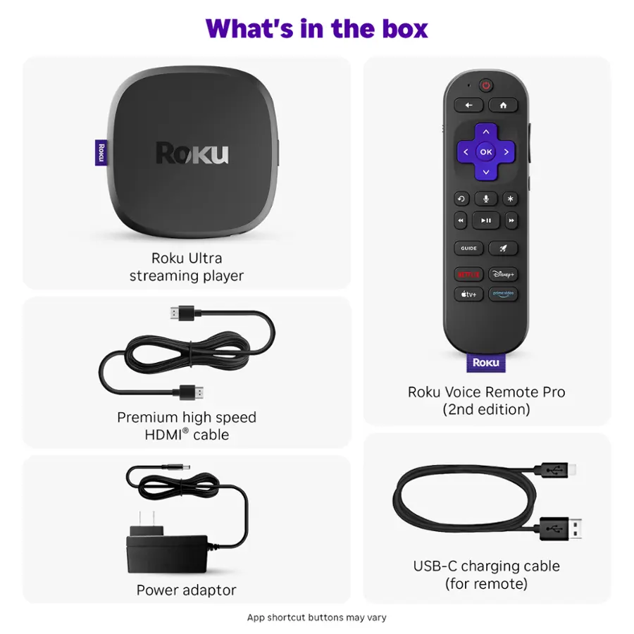 What's in the box:

1. Roku Ultra streaming player
2. Roku Premium high speed HDMI cable
3. Roku Voice Remote Pro (2nd edition)
4. Power adaptor
5. USB-C charging cable (for remote)
6. App shortcut buttons may vary
