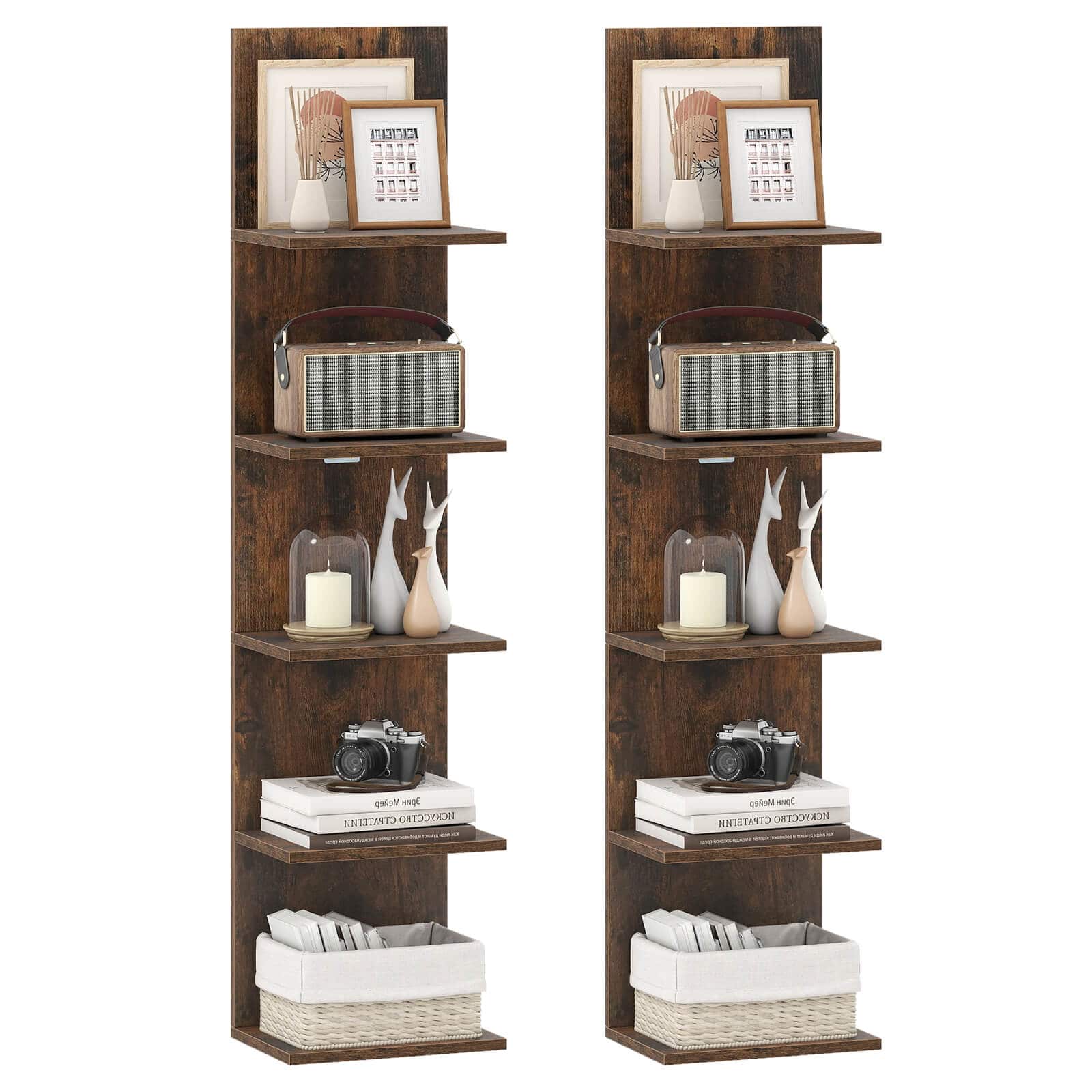 Costway - 2 PCS 5-Tier Wall Shelves Vertical Floating Storage Shelf Unit Wall-Mounted Organizer - Rustic Brown