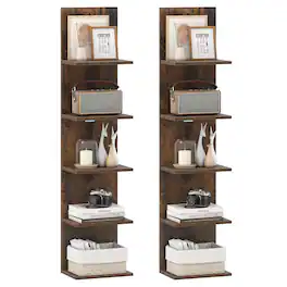 Costway - 2 PCS 5-Tier Wall Shelves Vertical Floating Storage Shelf Unit Wall-Mounted Organizer - Rustic Brown