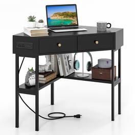 Costway - Corner Desk with Built-in Charging Station Storage Drawers & Open Shelves Office - Black