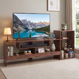 WELLFOR - Cube TV Stand for TVs up to 55", Entertainment Center with Power Outlets and Open Storage Shelves - Rustic Brown