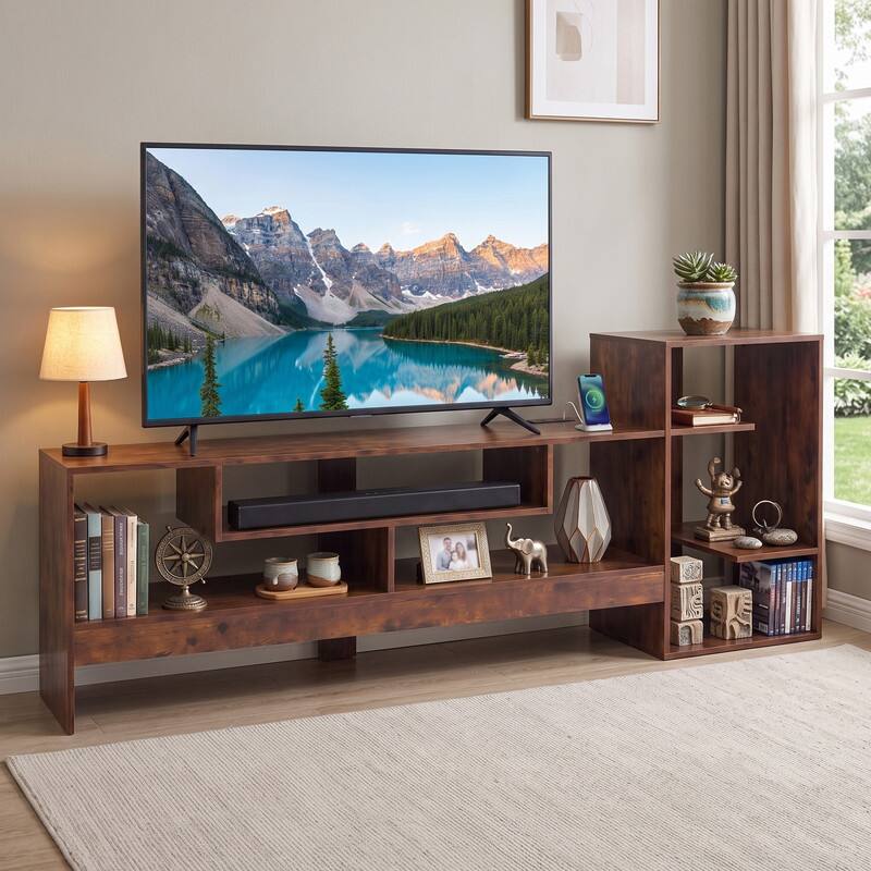 Front. WELLFOR - Cube TV Stand for TVs up to 55", Entertainment Center  with Power Outlets and Open Storage Shelves - Rustic Brown.